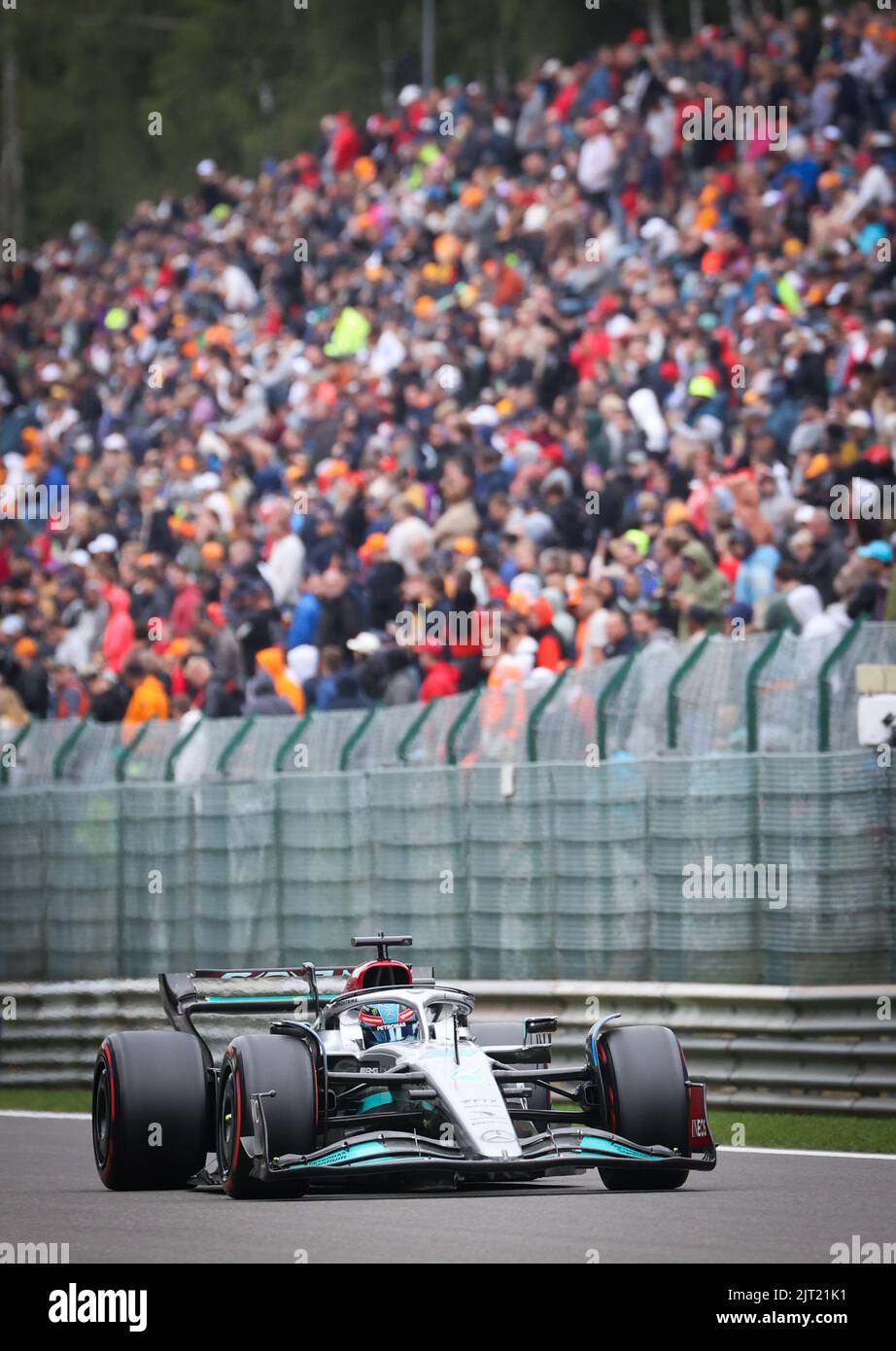 Il pilota britannico George Russell Mercedes-AMG Petronas ha fatto foto in azione durante la sessione di qualificazione al Gran Premio del Belgio F1, a Spa-Francorchamps, sabato 27 agosto 2022. Il Gran Premio di Formula uno di Spa-Francorchamps si svolge questo fine settimana, dal 26th al 28th agosto. BELGA PHOTO VIRGINIE LEFOUR Foto Stock