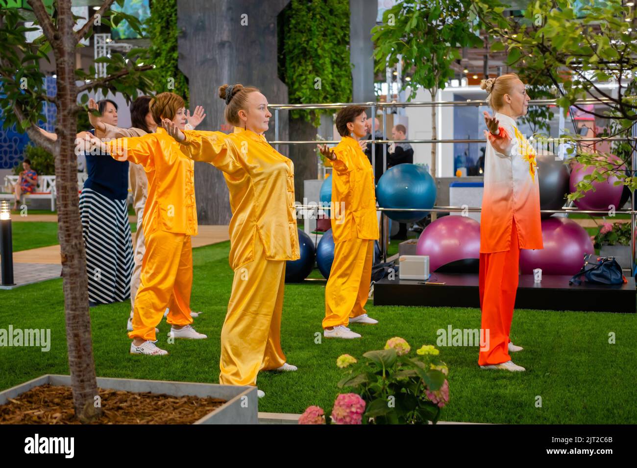 Gruppo di persone che fanno il qigong esercizio insieme in mostra Foto Stock