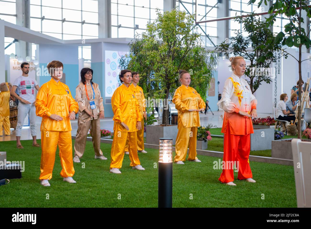 Gruppo di persone che fanno il qigong esercizio insieme in mostra Foto Stock