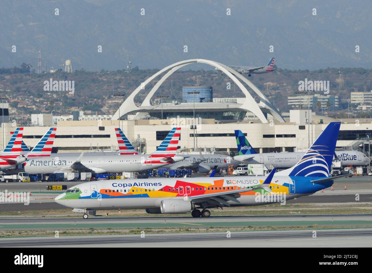 Il jet COPA Airlines Boeing 737 dipinto con livrea "Biomuseo" mostra rullante al LAX. Foto Stock