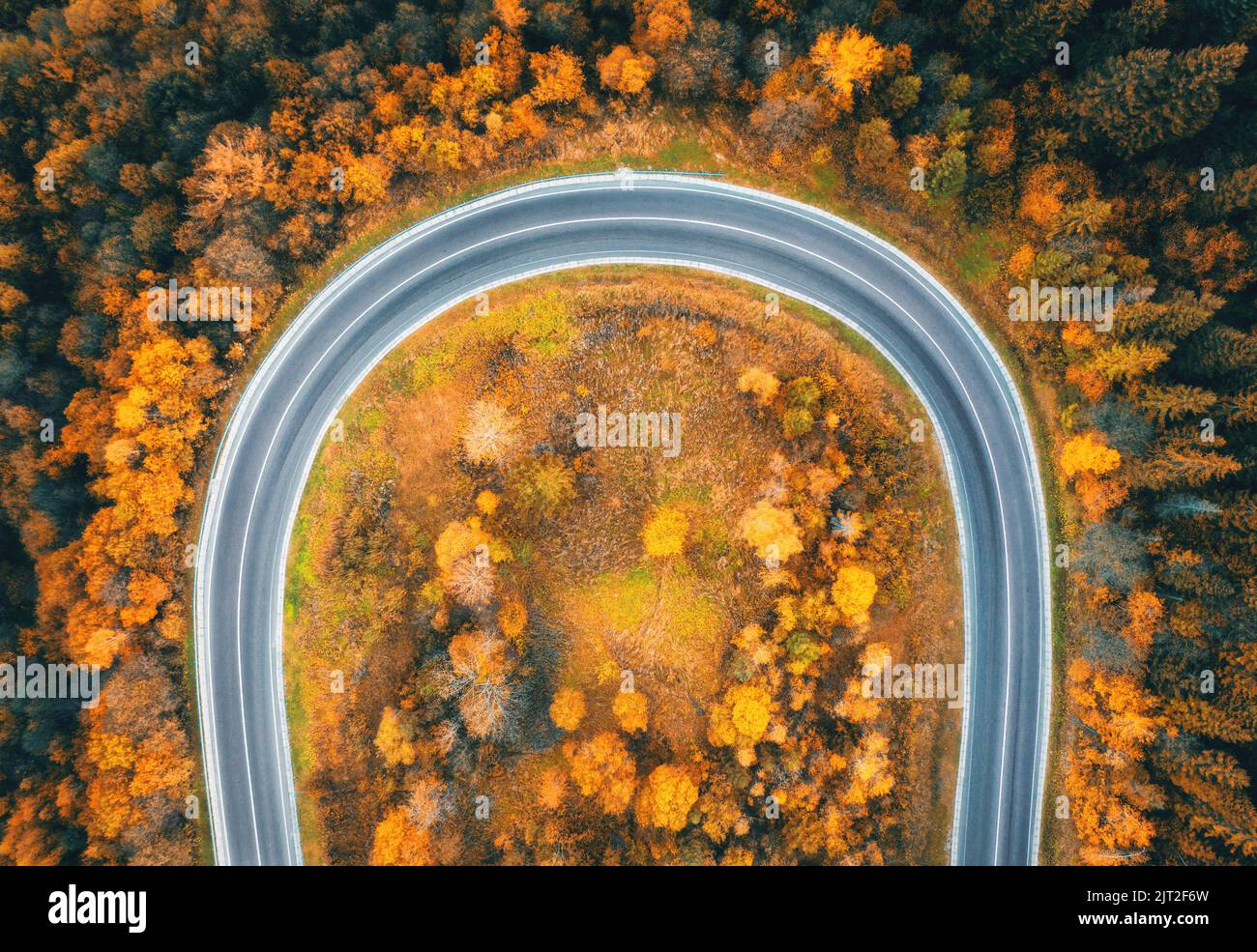 Vista aerea della strada di montagna nella foresta al tramonto in autunno Foto Stock