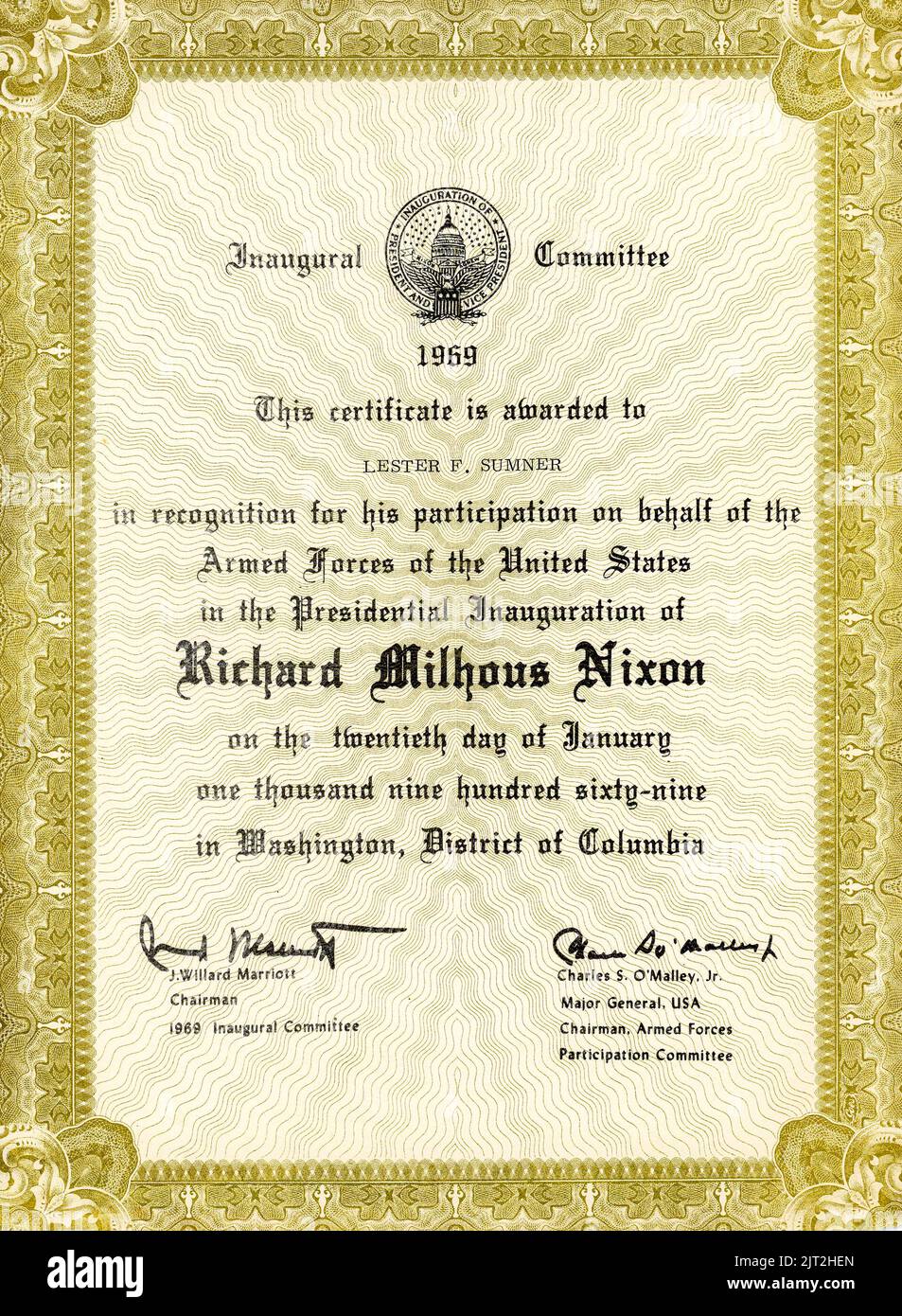 Premio certificato di inaugurazione presidenziale 1969 di Richard Nixon, USA Foto Stock