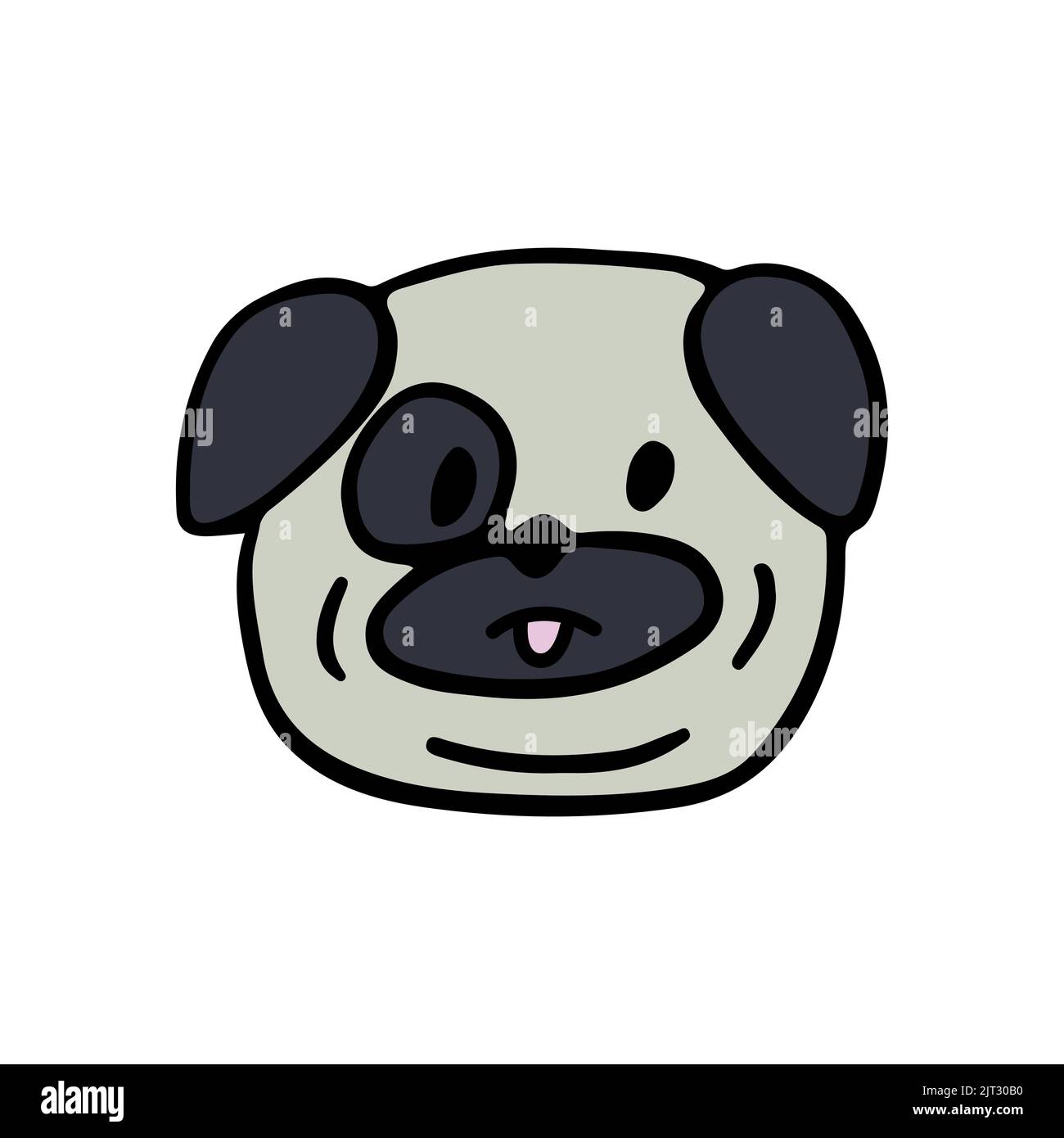 Divertente cucciolo fumetto carattere doodle. Carino cane di razza pug linea. Bello felice animale isolato su sfondo bianco. Illustrazione vettoriale disegnata a mano in c Illustrazione Vettoriale