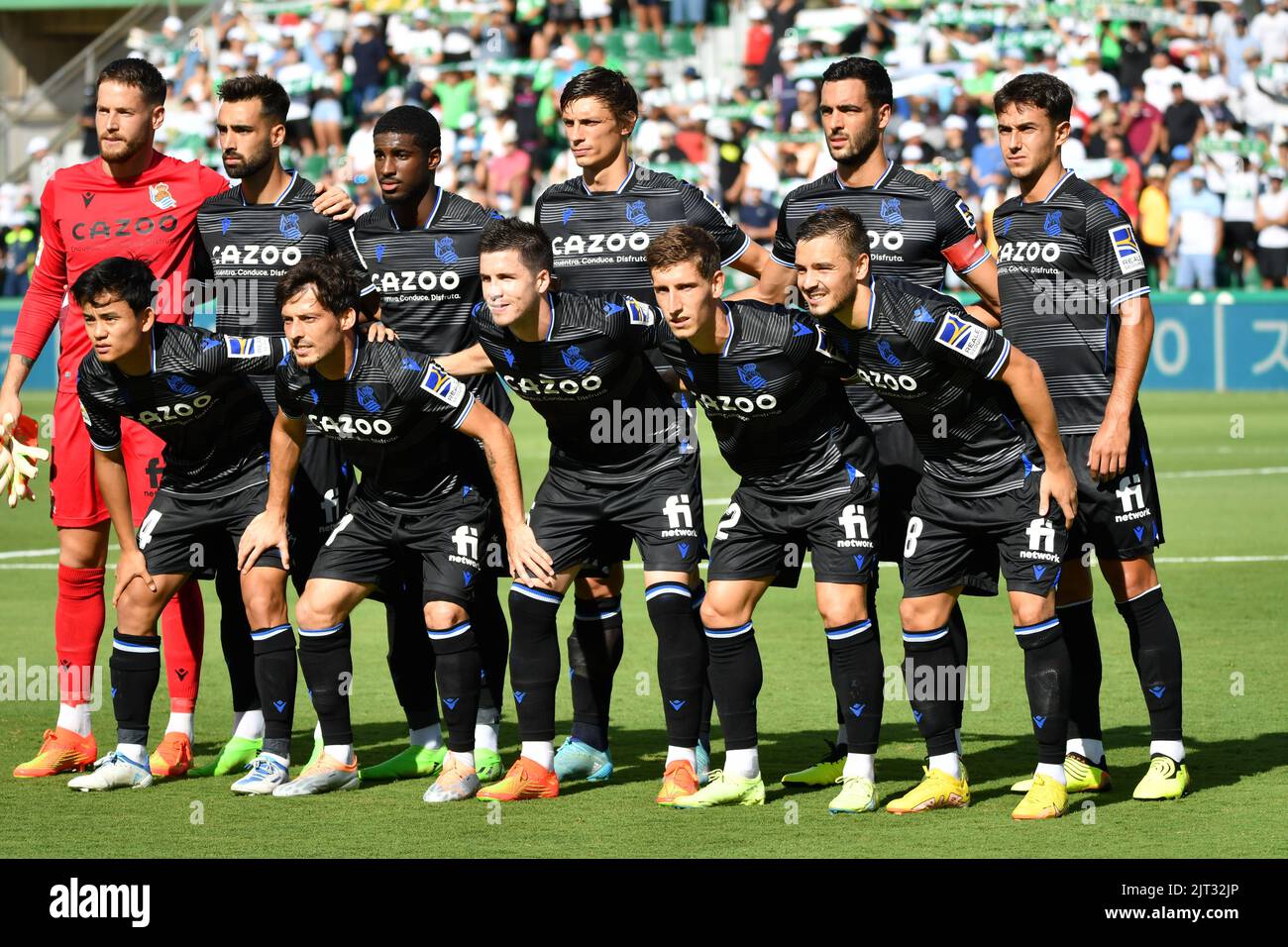 ELCHE, SPAGNA - 27 AGOSTO: Real Sociedad giocatori durante la partita tra Elche CF e Real Sociedad de Futbol di la Liga Santander il 27 agosto 2022 a Martínez Valero in Elche, Spagna. (Foto di Samuel Carreño/ PX Images) Foto Stock