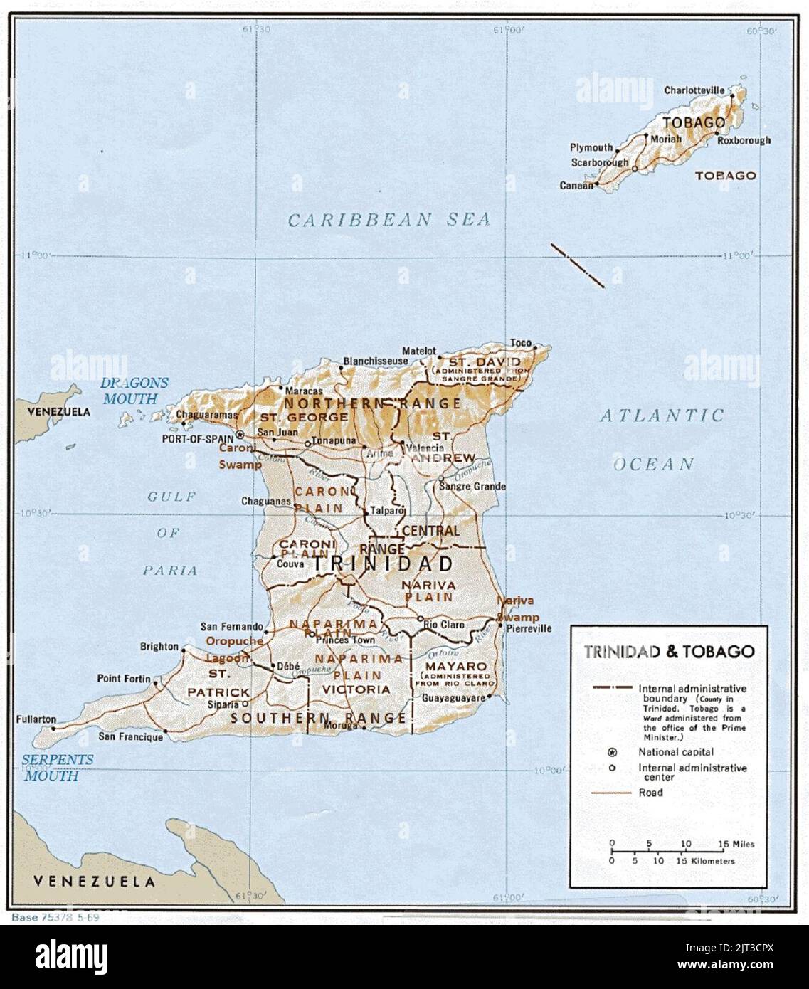 Trinidad e Tobago Shaded Relief PCL Texas annotato. Foto Stock