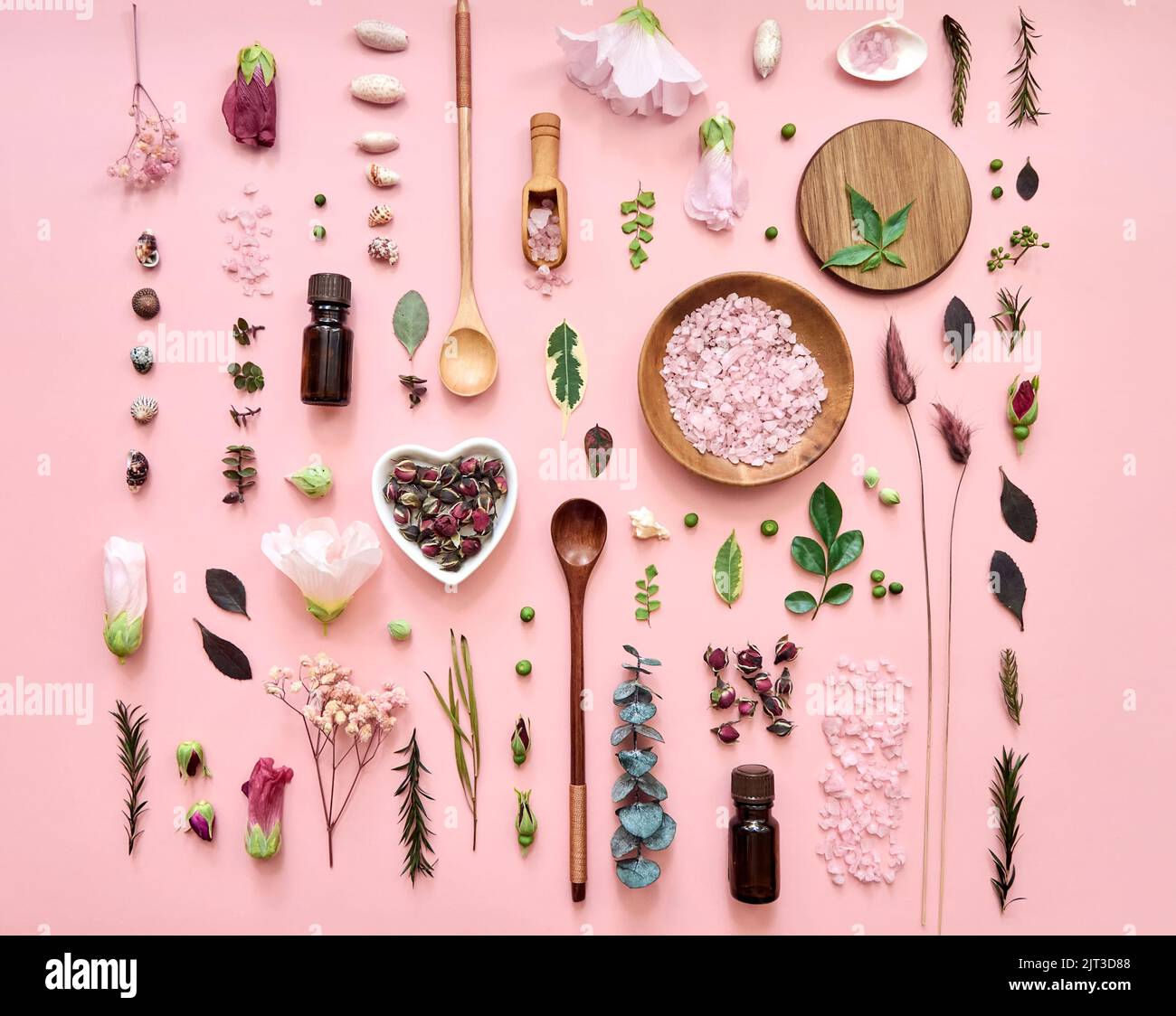 Prodotti cosmetici ecologici naturali in linee su sfondo rosa pastello. Foto Stock