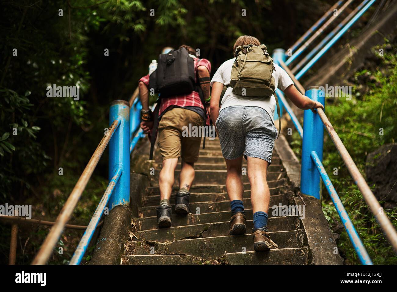 Trekking lungo il sentiero. Ripresa da dietro di due uomini che salpano le scale mentre camminano in montagna. Foto Stock