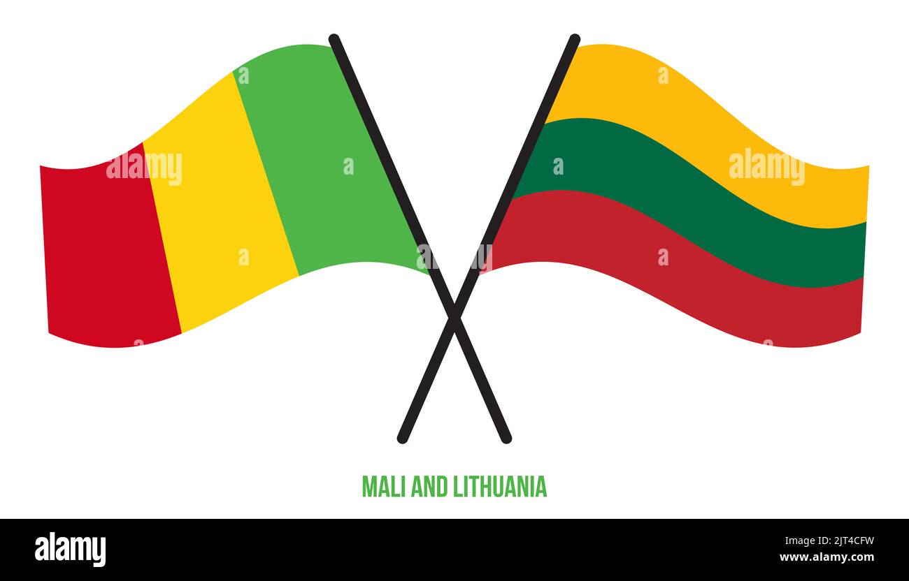 Bandiere del Mali e della Lituania incrociate e ondulate in stile piatto. Proporzione ufficiale. Colori corretti. Foto Stock