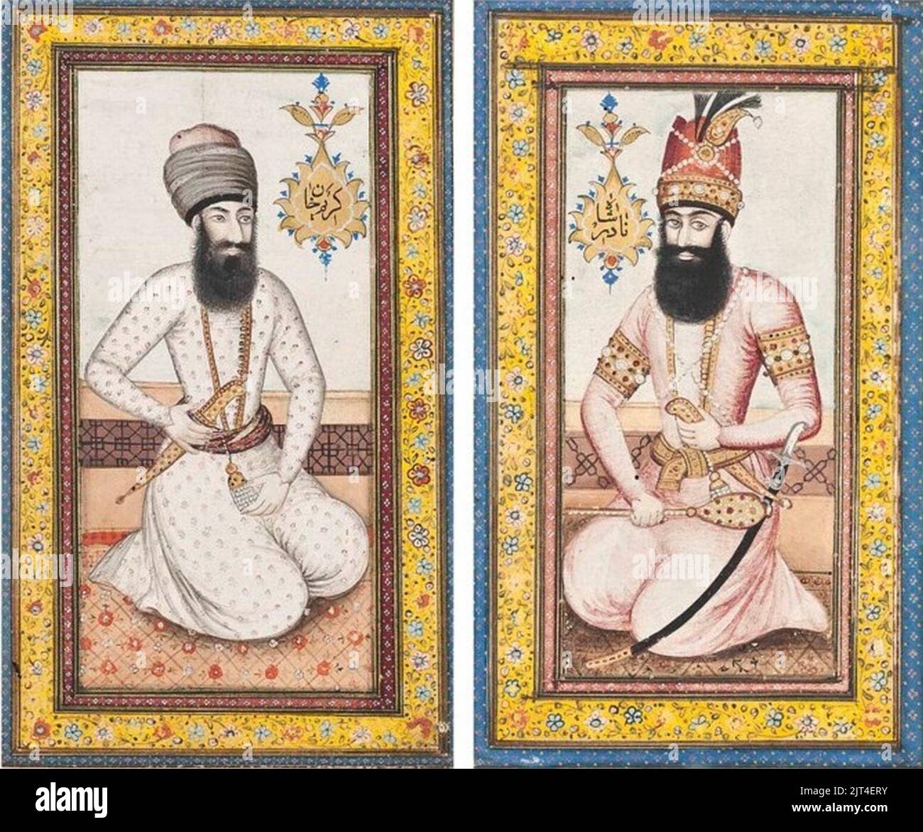 Due ritratti di Nader Shah e Karim Khan Zand, Qajar Iran, 19th ° secolo. Foto Stock