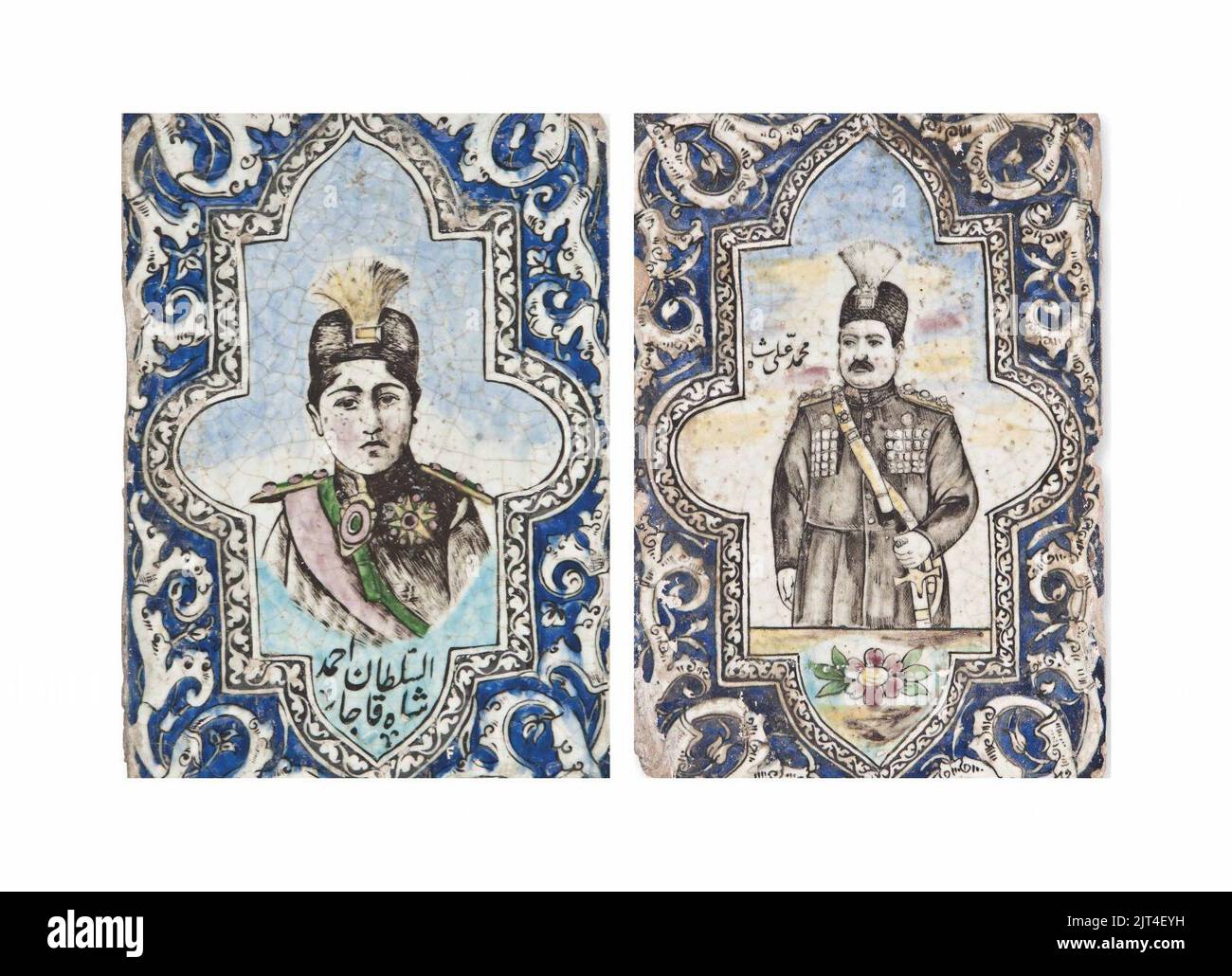 Due piastrelle di ceramica figurale Qajar modellate di Mohammad 'Ali Shah e Ahmad Shah, Iran, fine 19th ° secolo. Foto Stock