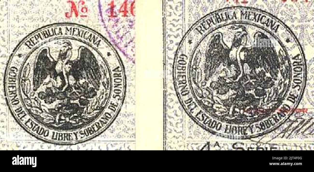 Due sigilli "REPUBLICA MEXICANA", 35 mm e 38 mm, stampati in nero su tagli da 5 pesos P-S1067 (81 pezzi) e da 10 pesos P-S1068 (86 pezzi), ovunque. Foto Stock