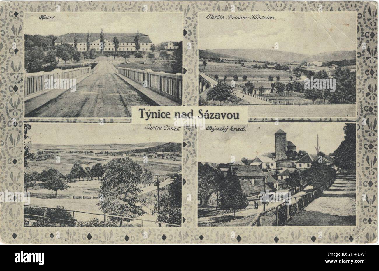 Týnice nad Sázavou, cartolina, 4 immagini. Foto Stock
