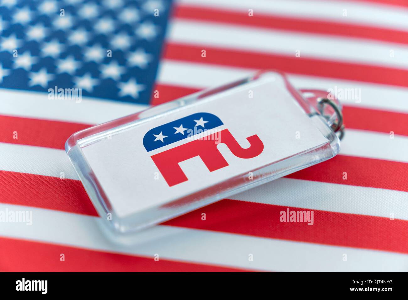 portachiavi con un elefante repubblicano immagine e la bandiera americana. Nella politica degli Stati Uniti l'elefante è il simbolo dei repubblicani Foto Stock