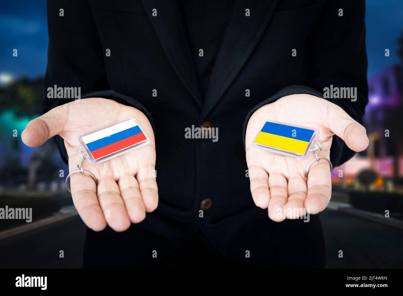 La scelta è tra Ucraina e Russia. Scelta del percorso di sviluppo del concetto. Sostegno militare delle parti in conflitto Foto Stock