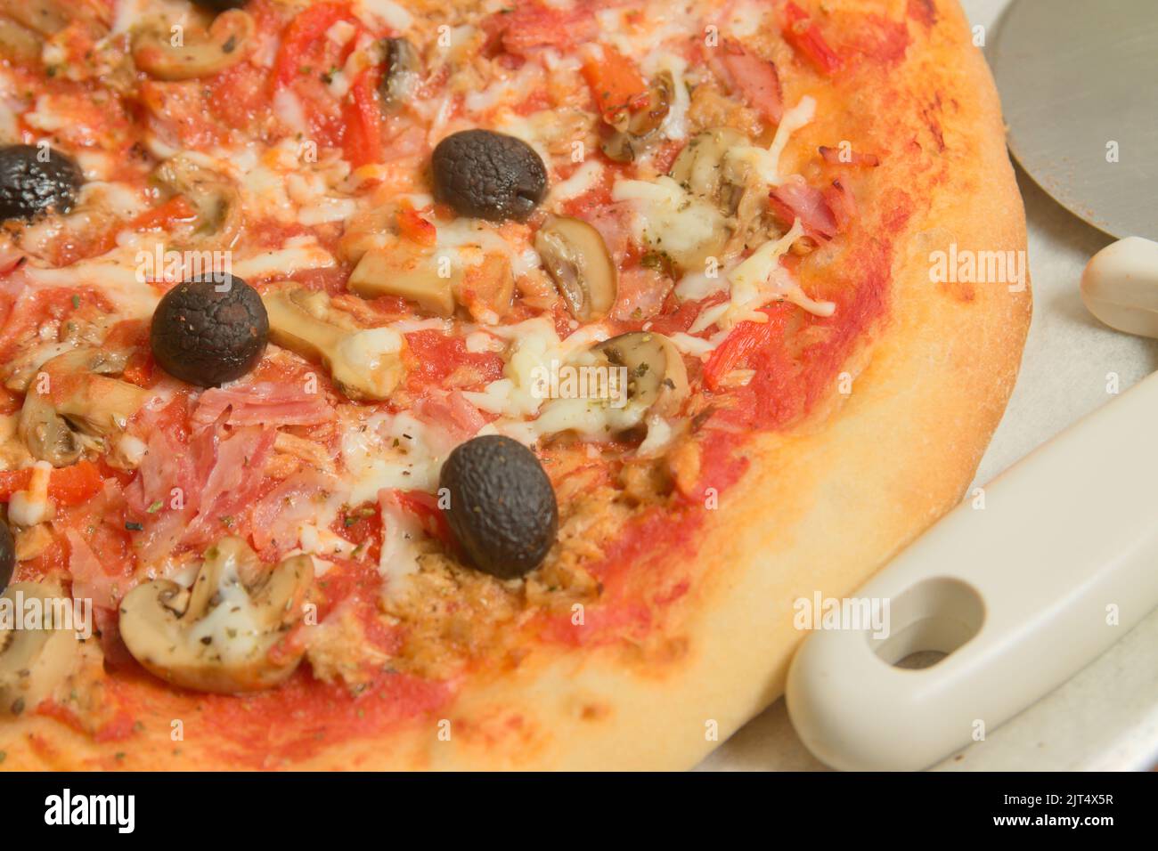 Primo piano di una fetta di pizza fatta in casa con olive, funghi, formaggio e pomodoro accanto a un taglierino di pizza bianco Foto Stock Primo piano di una fetta di pizza fatta in casa con olive, funghi, formaggio e pomodoro accanto a un taglierino di pizza bianco Foto Stock