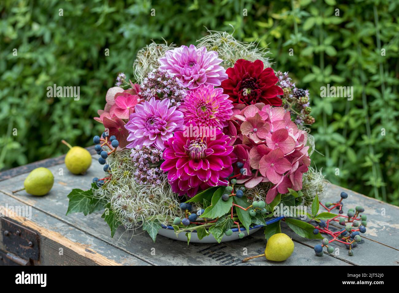 composizione floreale con dahlias, fiori di ortensia, clematis frutteti e bacche di vino selvatico Foto Stock
