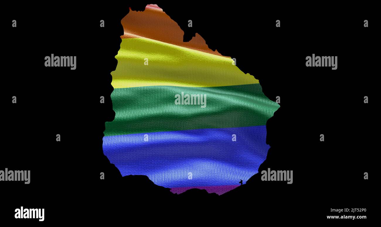 Territorio del paese dell'Uruguay sagoma con bandiera arcobaleno LGBT su sfondo nero. Foto Stock