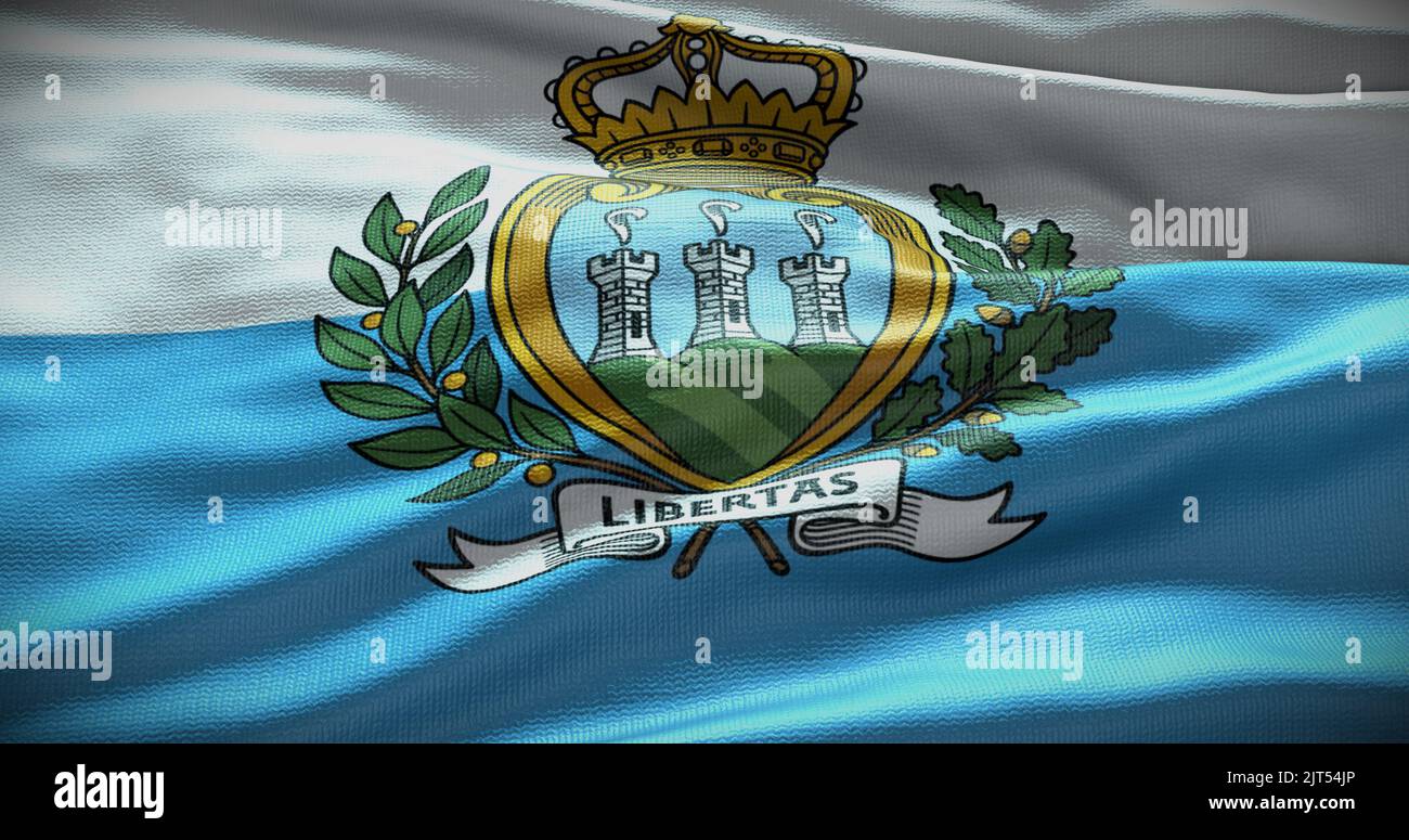 Bandiera nazionale sammarinese sfondo ondeggiante. Sfondo piatto con spazio copia. Foto Stock