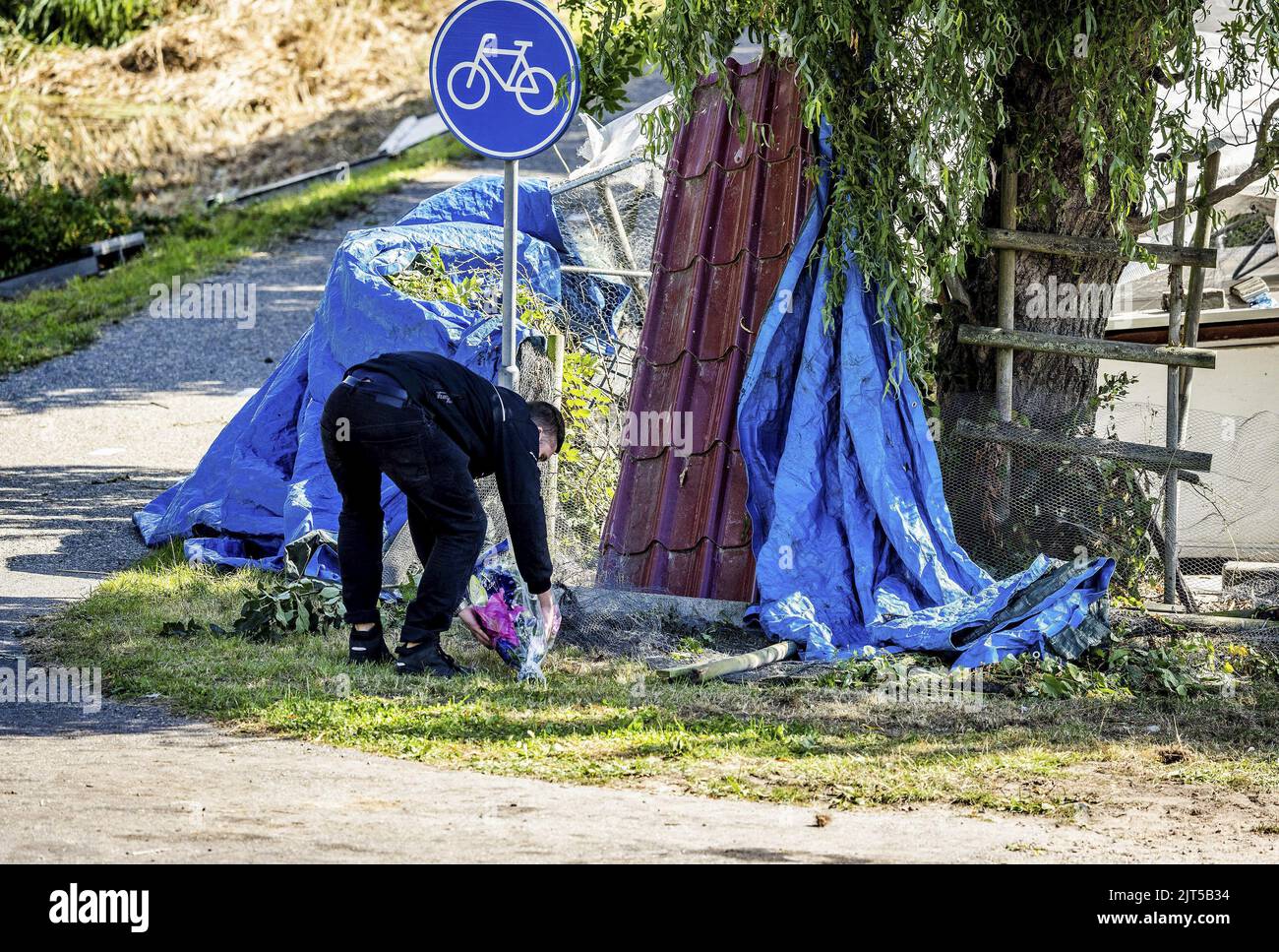2022-08-28 11:53:24:19 NIEUW BEIJERLAND - Un residente locale mette i fiori sulla scena dell'incidente in cui un camion ha guidato da un argine a coloro che partecipano a una festa di quartiere il Sabato sera. Sei persone sono state uccise in questo. Sette feriti sono stati ricoverati in ospedale. ANP JEFFREY GROENEWEG olanda fuori - belgio fuori Foto Stock