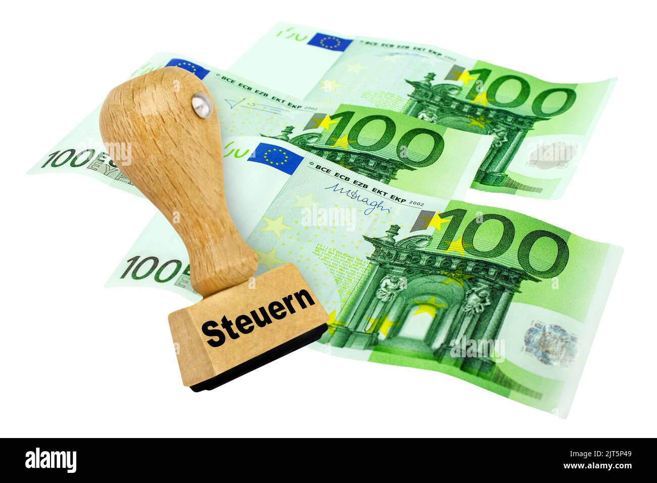 300 Euro Scheldscheine und Deutscher Stempel mit Steuern auf weissem Hintergrund Foto Stock