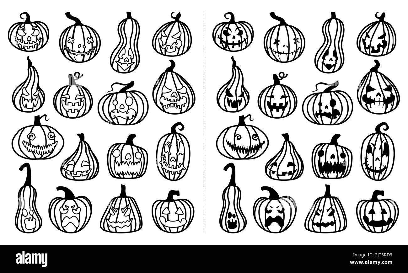 Halloween celebrazione relativa jack o lanterne, zucche intagliate con espressioni facciali diverse. Collezione di cartoni animati disegnati a mano e vettoriali Illustrazione Vettoriale