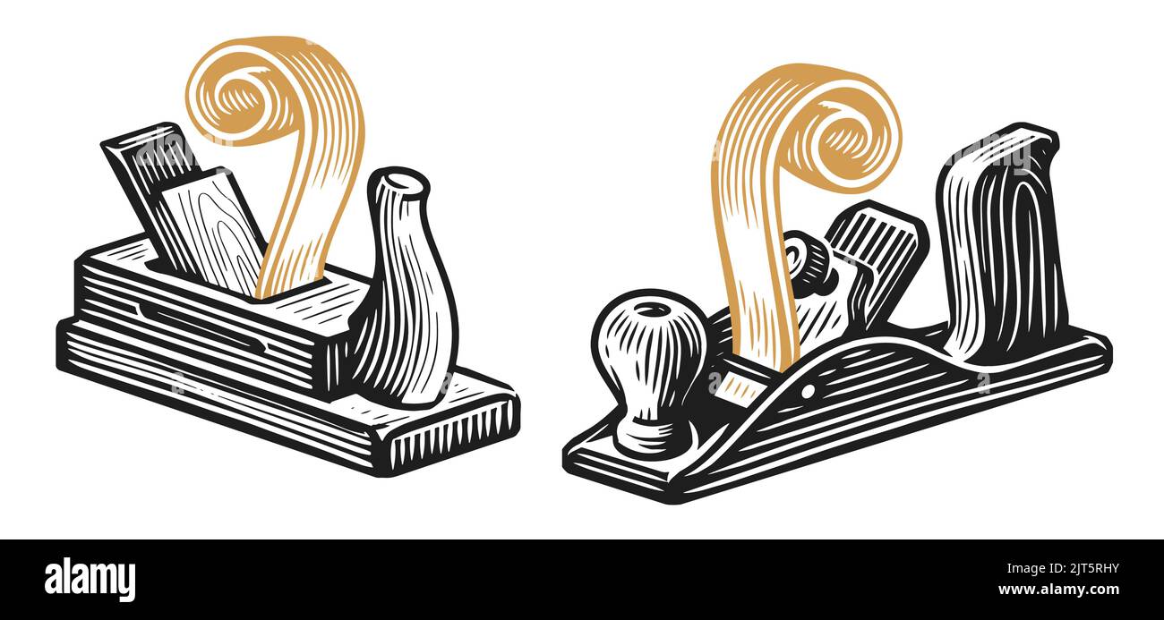 Piano di sfalsamento e simbolo di trucioli. Lavori di Falegnameria, bottega di legno o falegname artigianale studio emblema. Logo dell'utensile da falegname Illustrazione Vettoriale