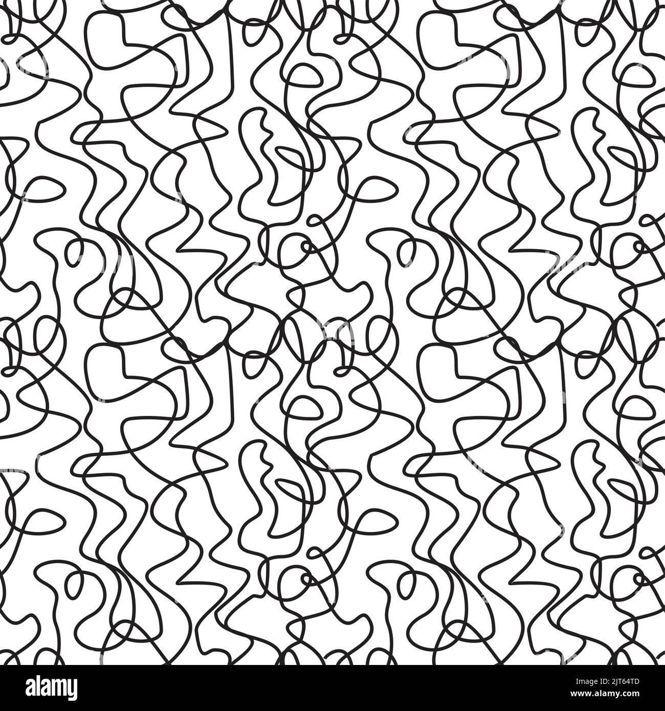 Corde aggrovigliate senza cuciture. Fili neri attorcigliati e incrociati su sfondo bianco. Linee di avvolgimento di diverso spessore. Vettore Illustrazione Vettoriale