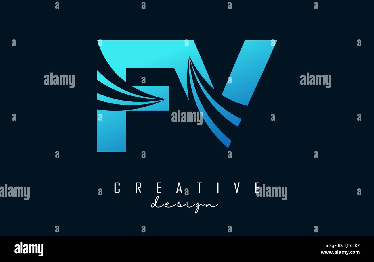 Logo creativo FV f v con lettere blu con linee di punta e design del concetto stradale. Lettere con disegno geometrico. Illustrazione vettoriale con lettera e creati Illustrazione Vettoriale