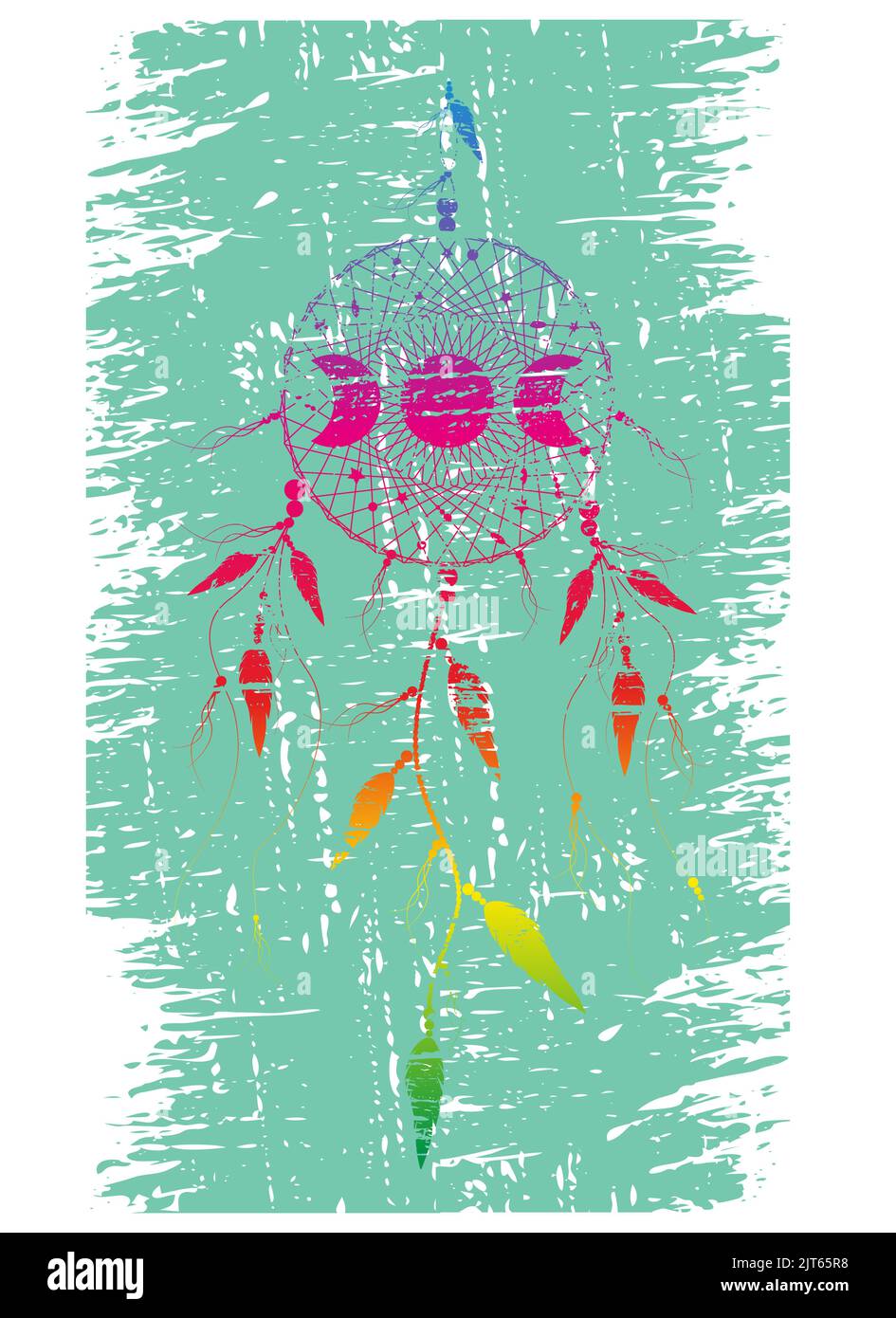 Psichedelico Dreamcatcher mandala retrò ornamento fasi lunari e piume di uccelli. Antico simbolo mistico vintage, colorata arte etnica con nativi americani Illustrazione Vettoriale