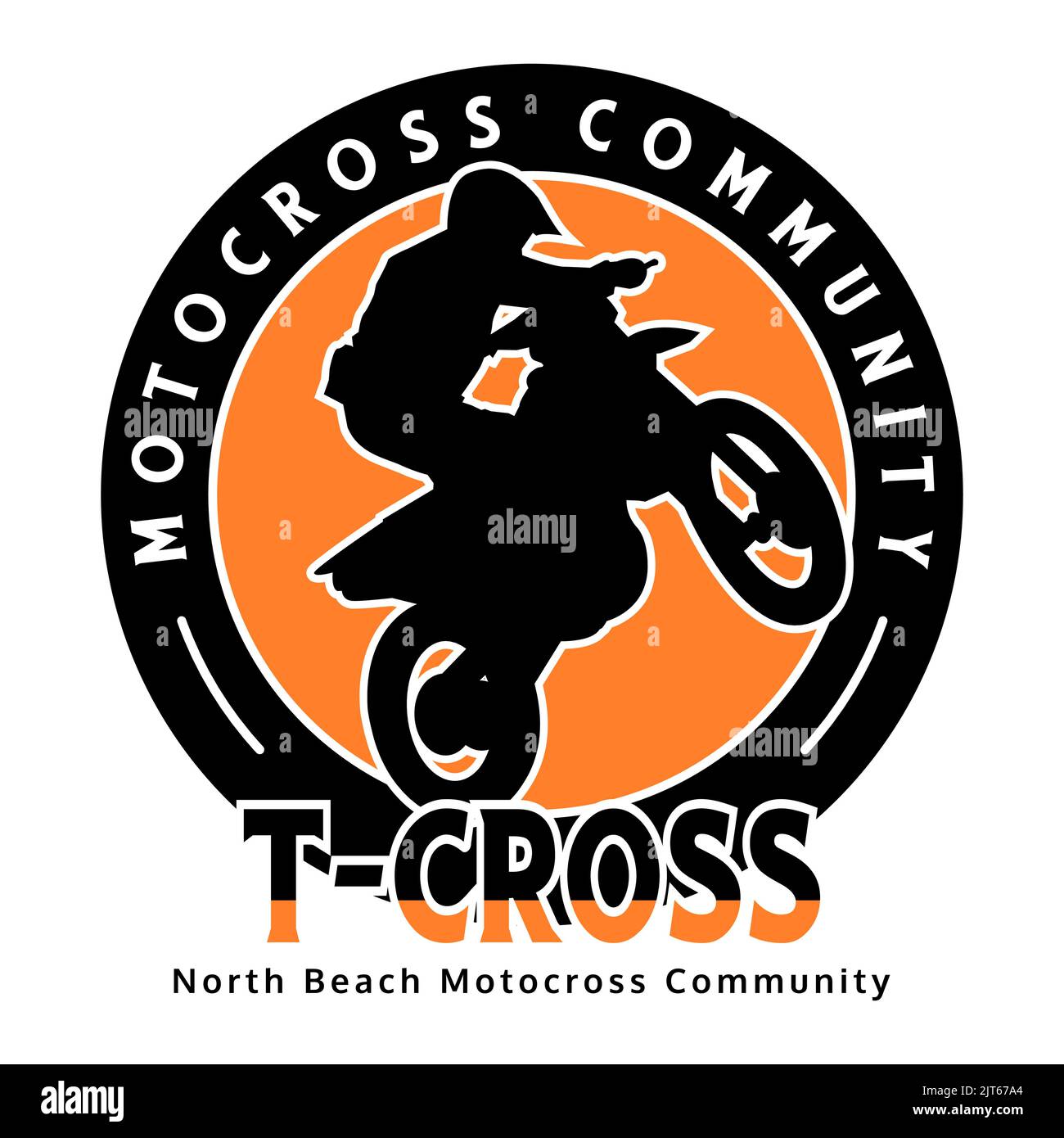 Un design del logo della comunità motociclistica in colore arancione isolato su sfondo bianco Illustrazione Vettoriale