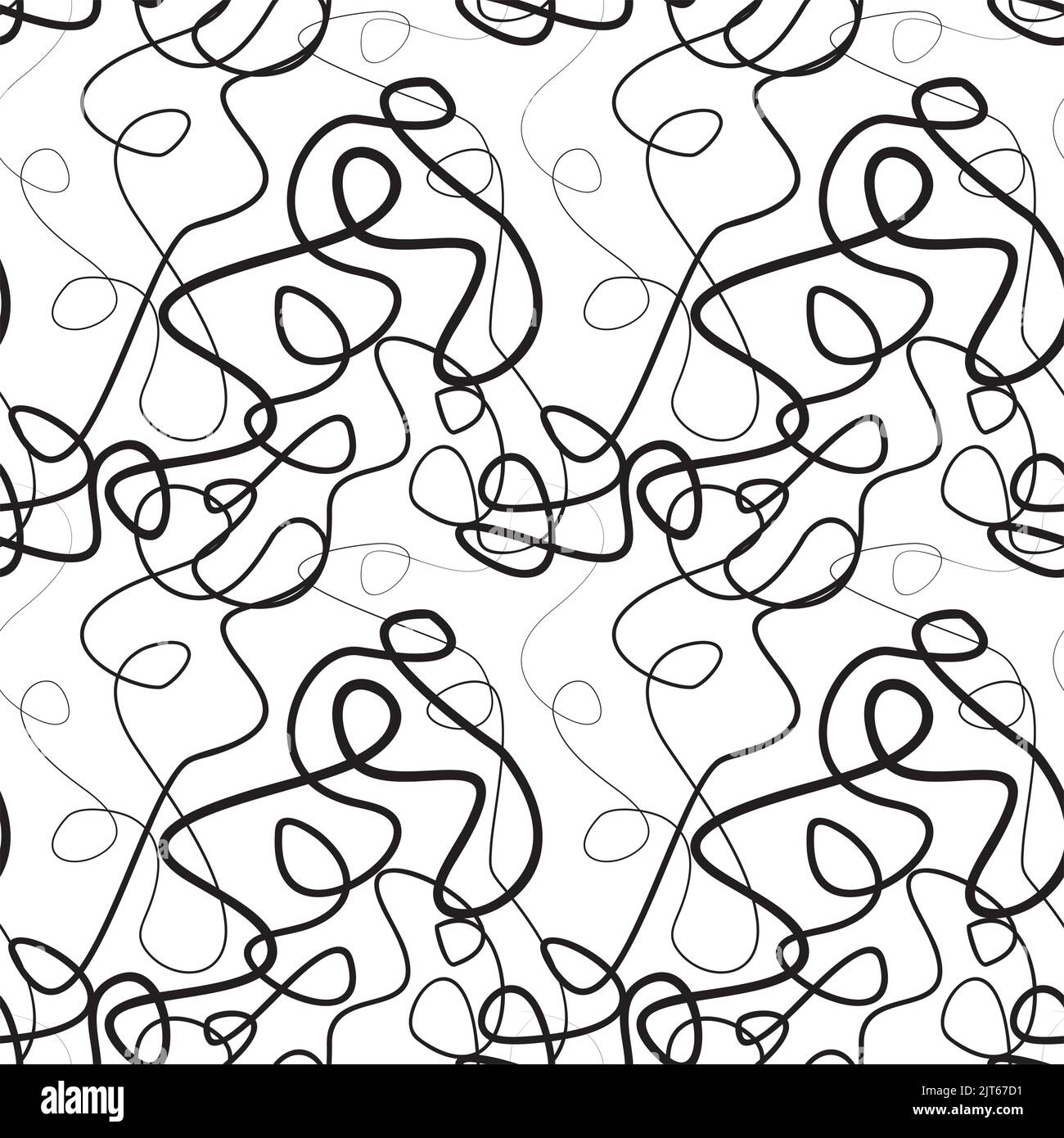 Linee di avvolgimento modello senza giunture. Fili neri attorcigliati e incrociati su sfondo bianco. Curve aggrovigliate di diversa trama di avvolgimento di spessore. Vettore Illustrazione Vettoriale