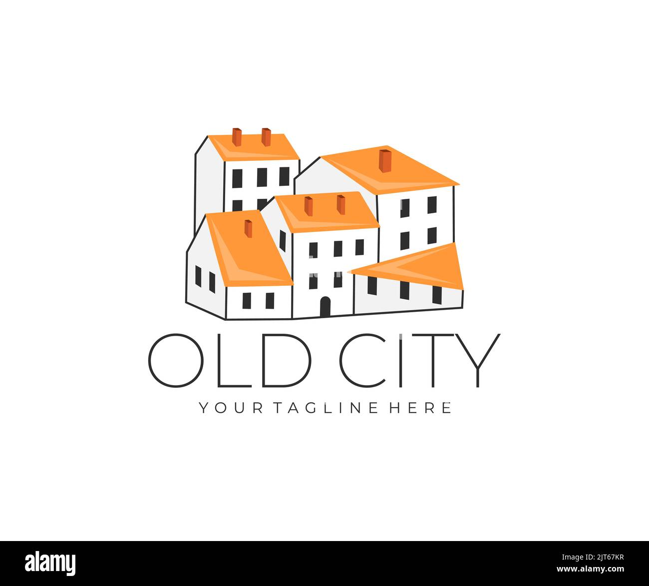 Città vecchia, casa, casa e costruzione, logo design. Architettura, storia, città, costruzione, disegno vettoriale e illustrazione Illustrazione Vettoriale