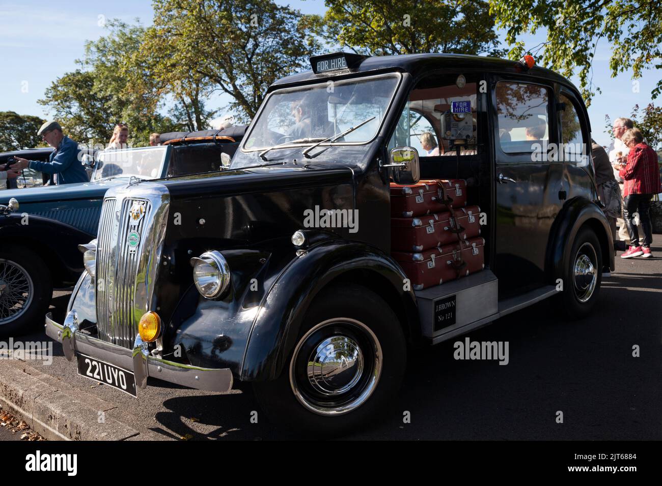 1959 Beardmore Black Taxi appartenente a Sandra e Alan Brown da Glasgow. Posseduto 7 anni. Il loro padre John Brown guidò questo taxi a Glasgow quando si stil Foto Stock