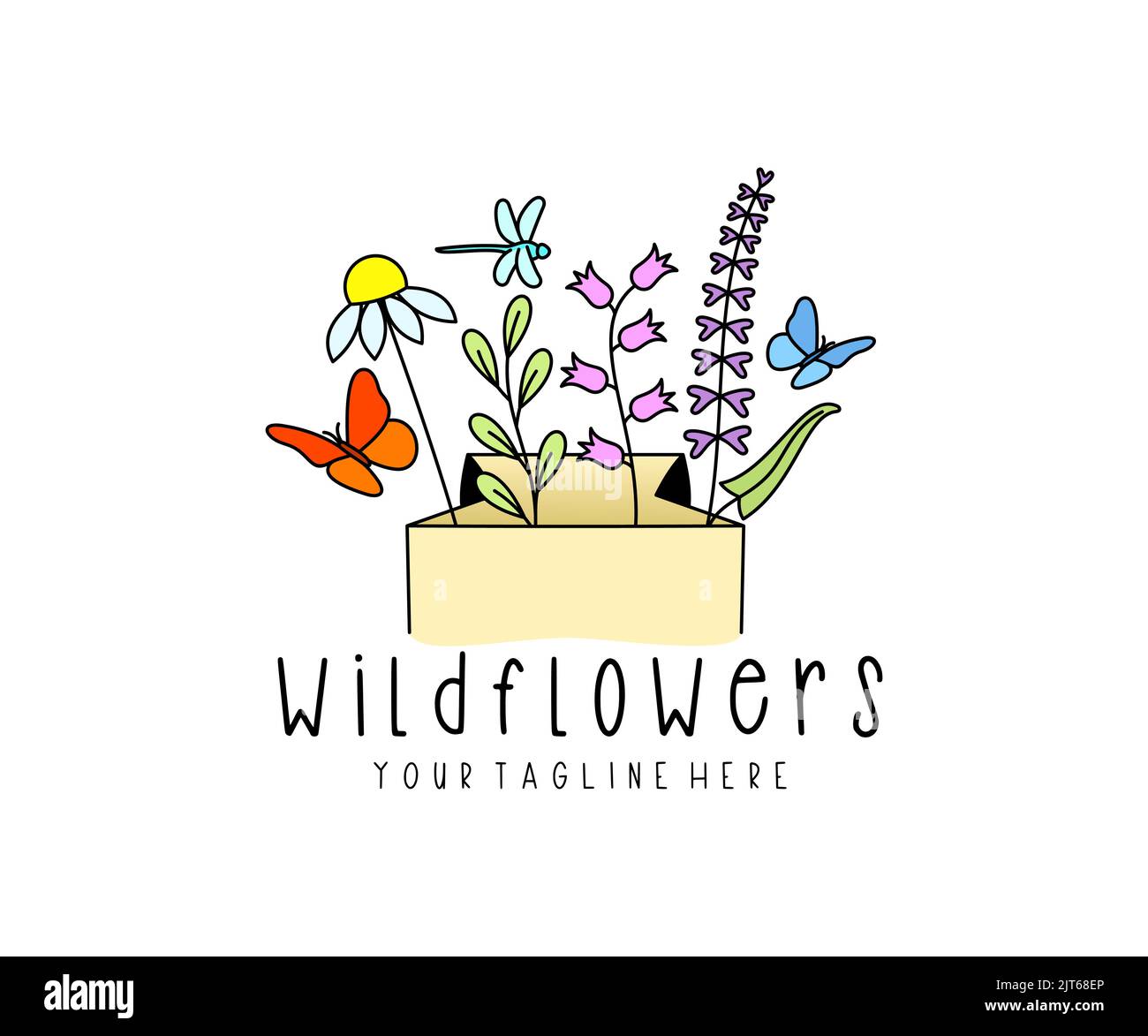 Pacchetto con fiori ed erbe, farfalle e libellule, logo design. Fiori selvatici, prati, natura e insetti, disegno vettoriale e illustrazione Illustrazione Vettoriale