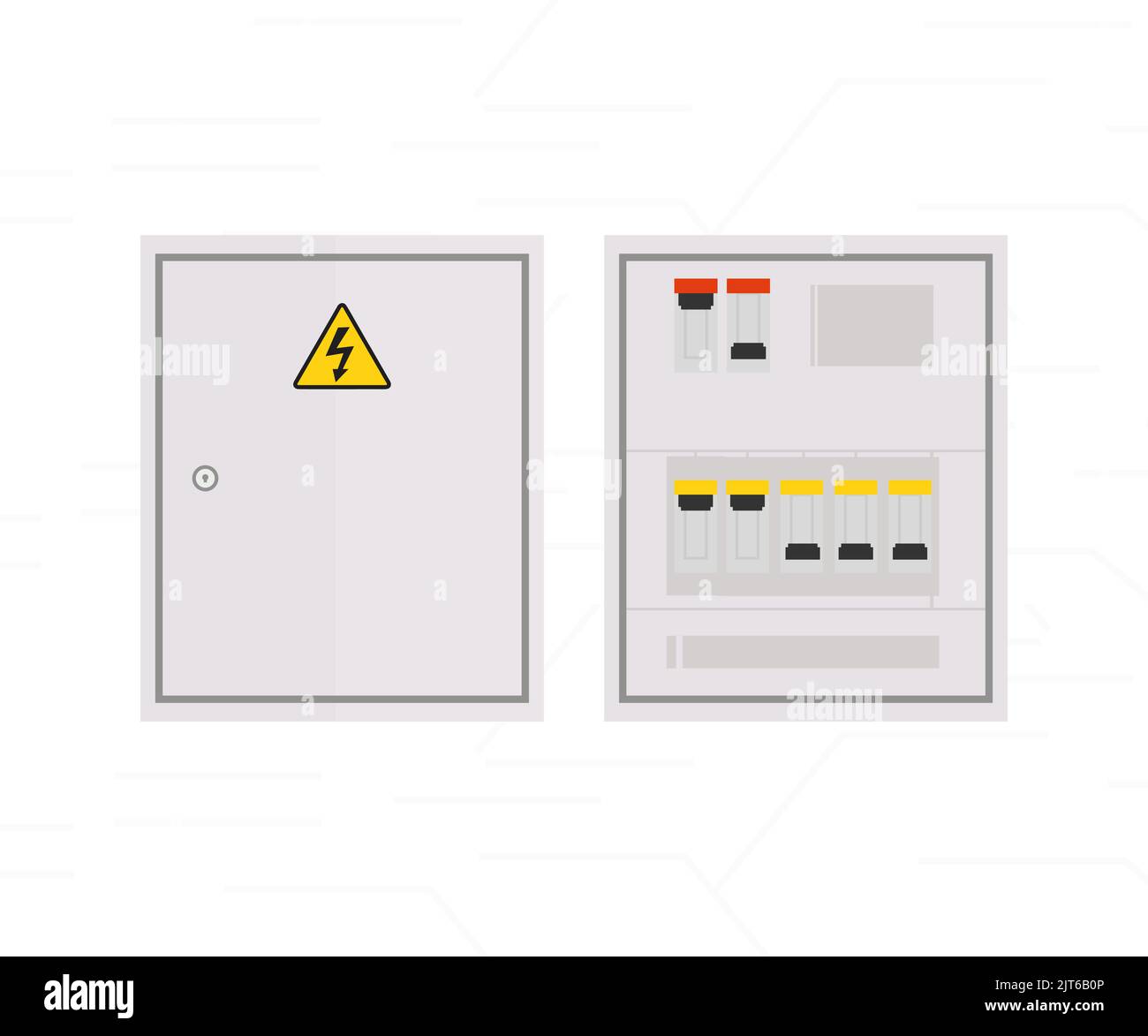 Design del logo della scatola di controllo elettrica per esterni. Armadio trasformatore, interruttori automatici, quadro elettrico, interruttore con fili, design vettoriale scatola fusibili. Illustrazione Vettoriale