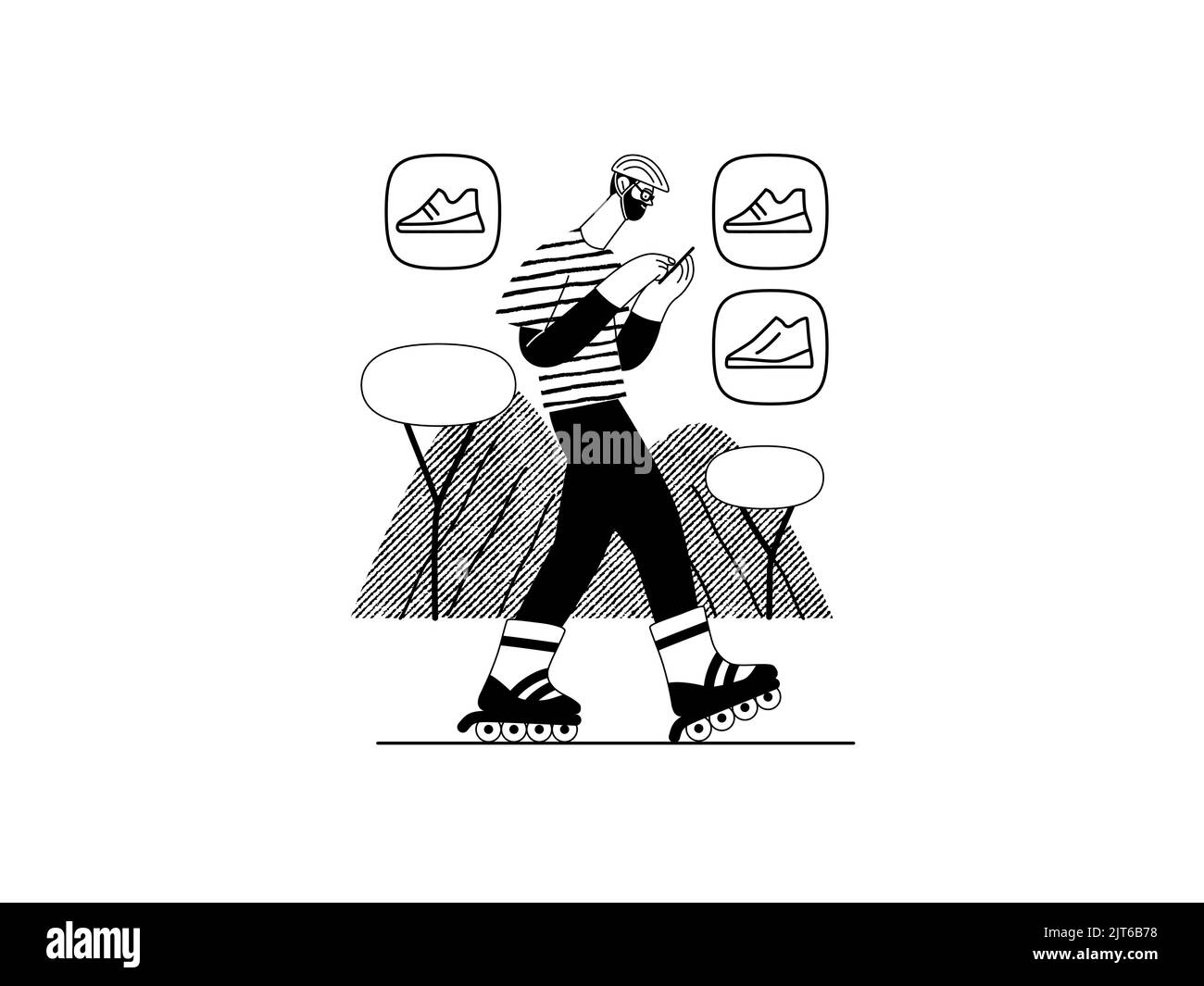 Shopping online - serie di commercio elettronico - moderno flat vettoriale illustrazione di un uomo che indossa pattini a rotelle e shopping in movimento. Promozione Illustrazione Vettoriale