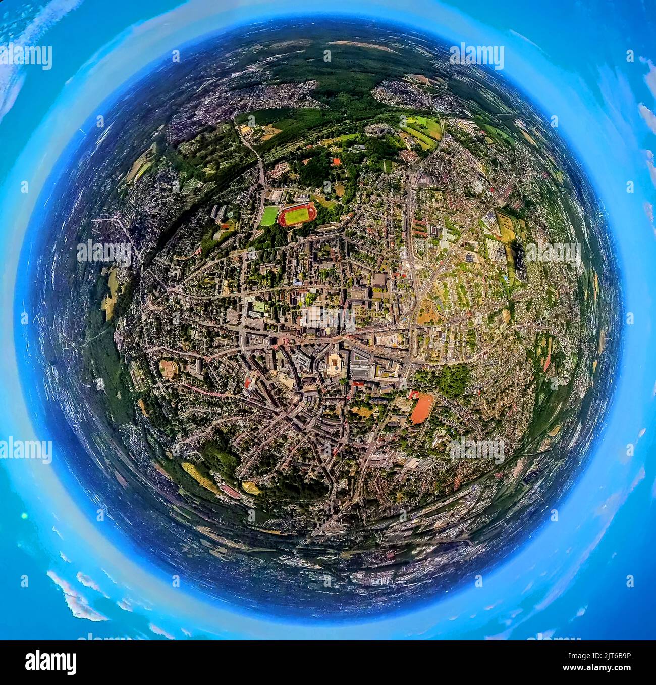 Veduta aerea fisheye del centro di Bottrop, vista verticale, zona della Ruhr, Europa, Vista aerea, Birds-eyes view, fotografia aerea, panoramica, panoramica, Bi Foto Stock