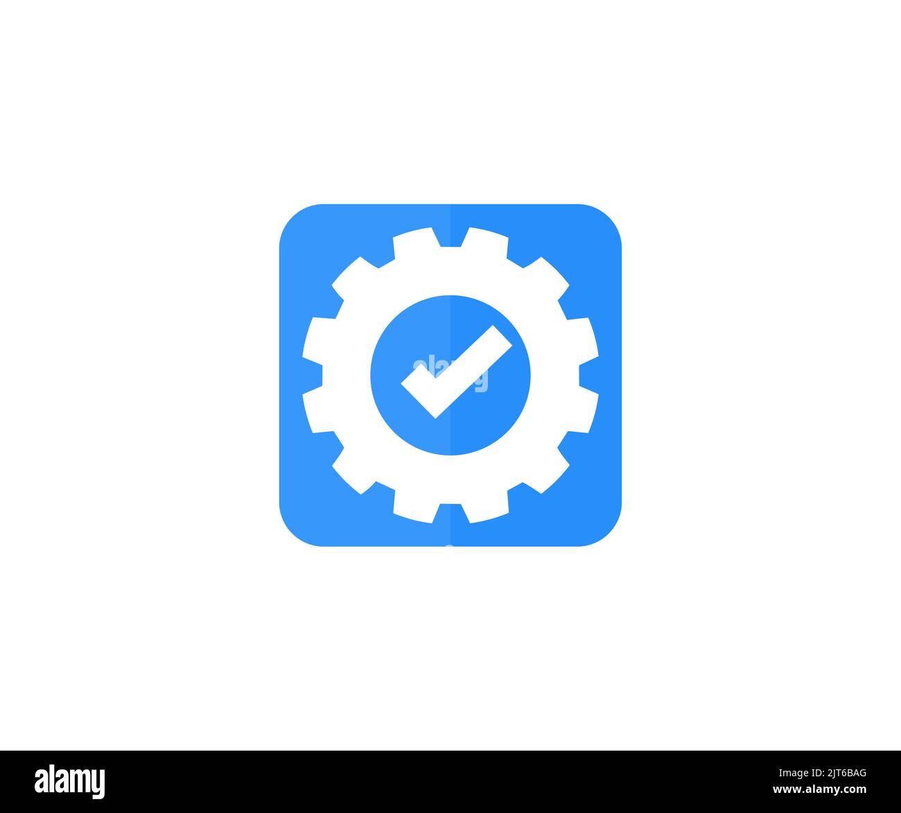 Icona a forma di ingranaggio con un segno di spunta come impostazioni di aggiornamento completate. Ruota dentata spuntare come impostazione eseguita modificare il pittogramma grafico, costruzione digitale installata Illustrazione Vettoriale