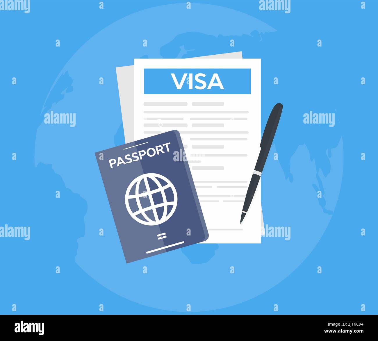Disegno del logo della domanda di visto. Appunti con modulo di richiesta del visto, passaporto, mappa dei pin, penna e computer portatile. Vettore di concetti di viaggio mondiale, turismo, vacanze Illustrazione Vettoriale