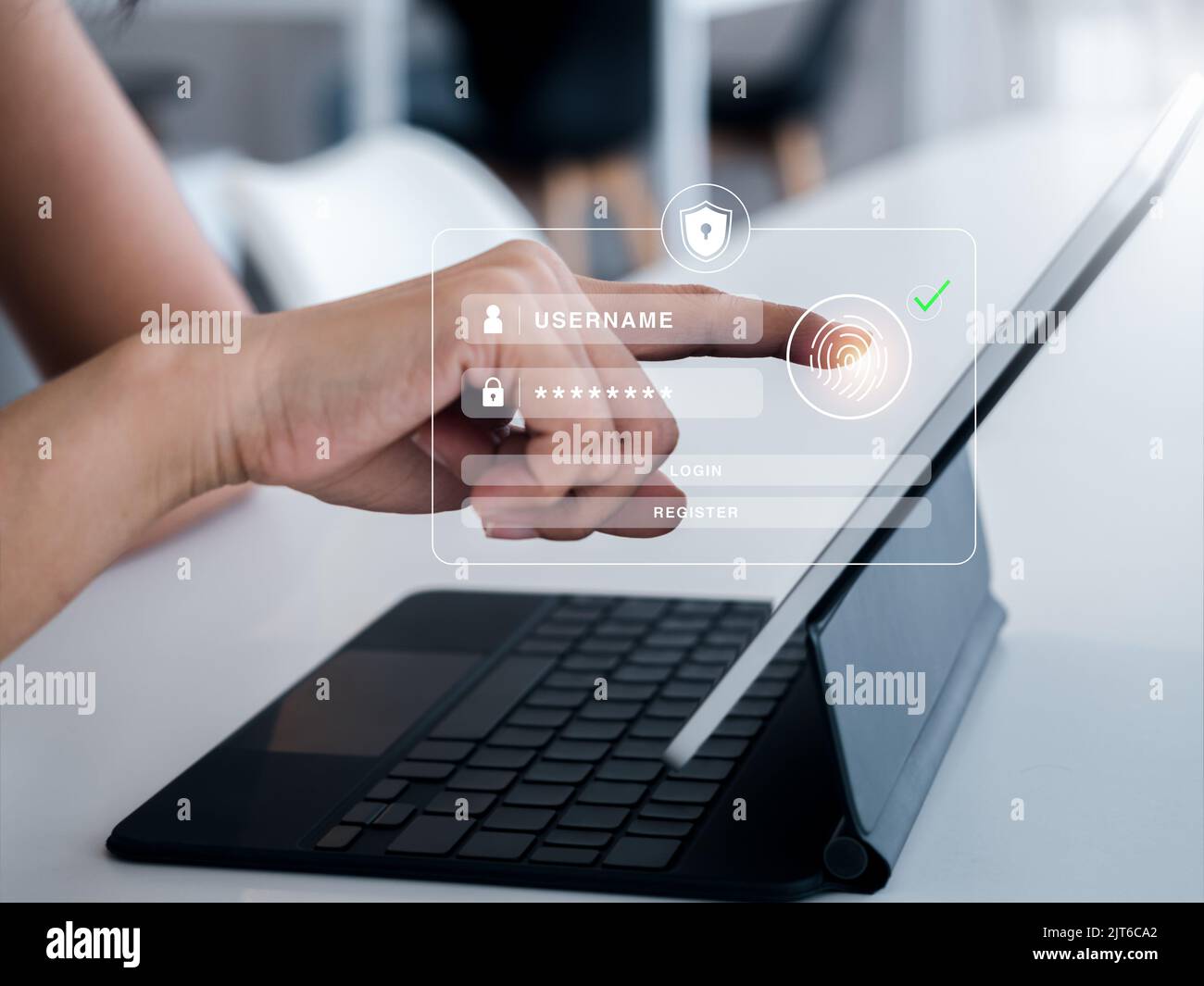 Sicurezza informatica con tecnologia di autenticazione biometrica. Protezione di sicurezza con icona di scansione delle dita sulla pagina di accesso virtuale sullo schermo del tablet Foto Stock