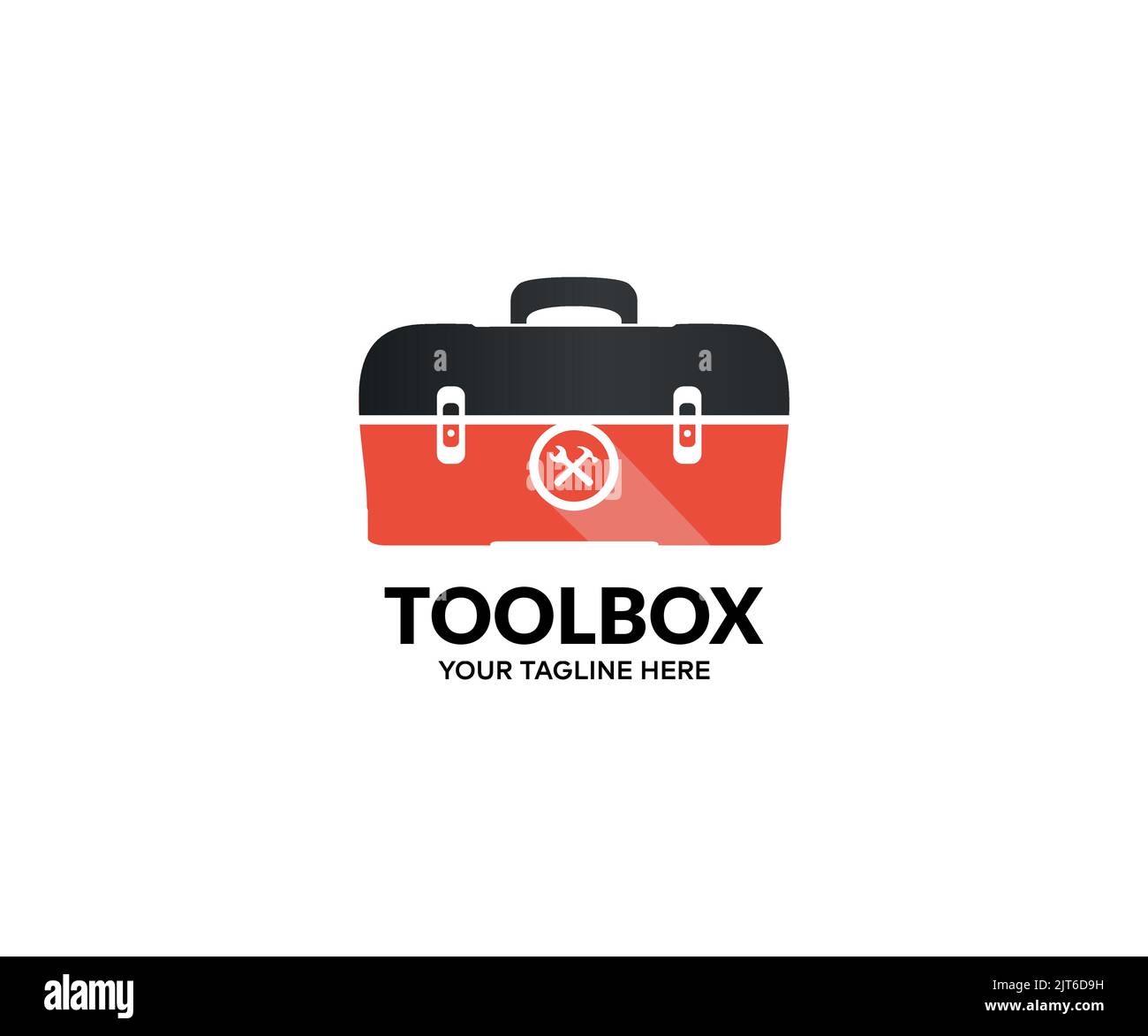 Cassetta degli attrezzi rossa piena di attrezzi manuali, design moderno del logo della cassetta degli attrezzi. Disegno e illustrazione del vettore Handyman Service Toolbox o Tool Box. Illustrazione Vettoriale