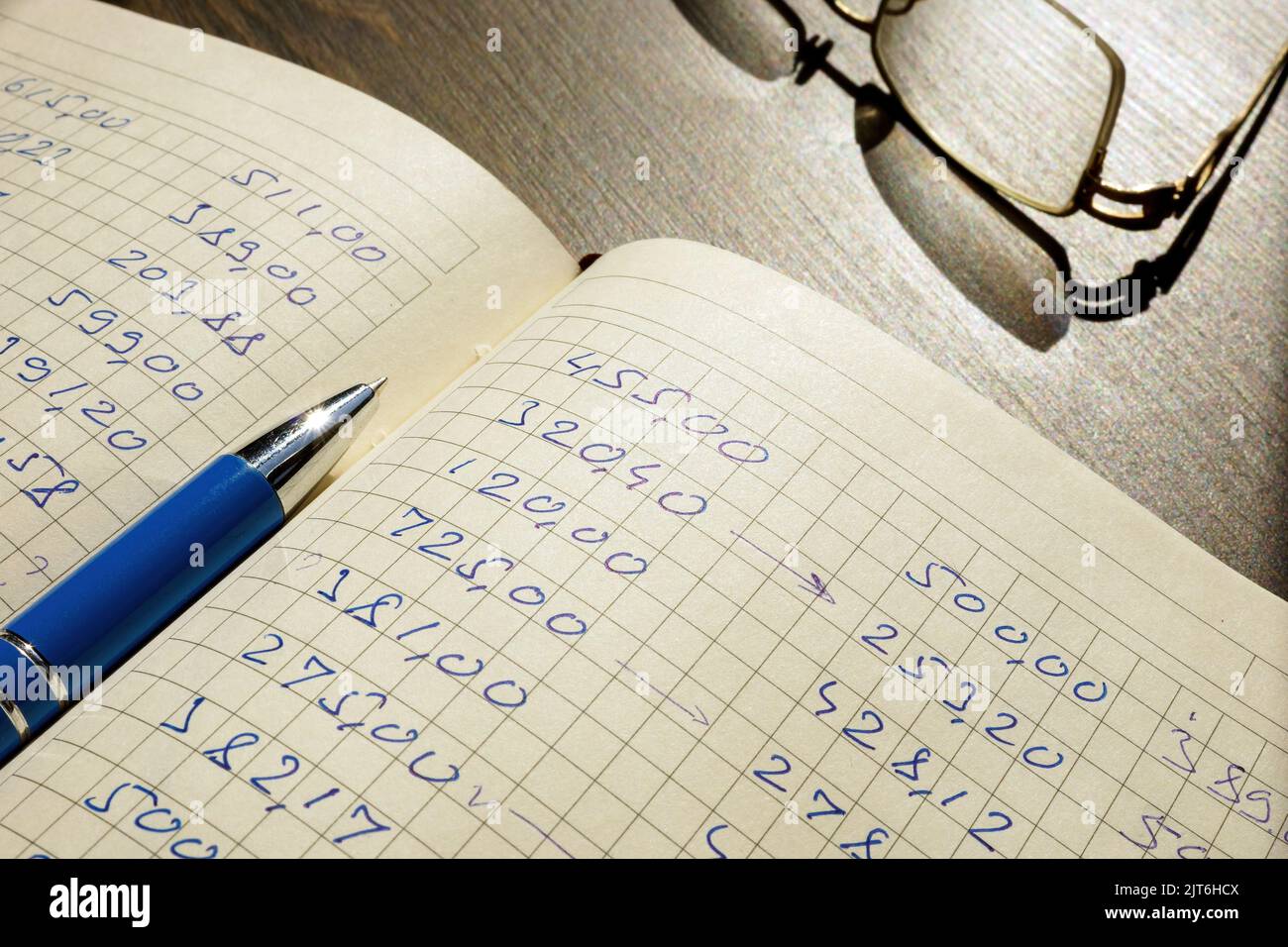 Aprire il libro contabile con i dati e la penna. Concetto di calcolo delle finanze domestiche. Foto Stock