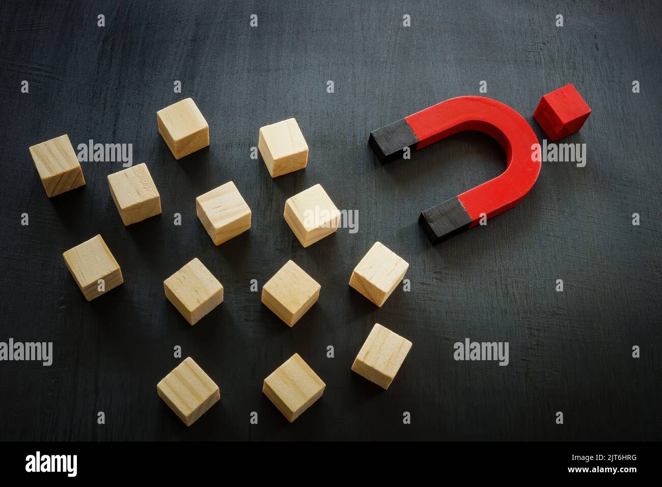 Cubi, un magnete e un cubo rosso. Leadership carismatica. Foto Stock