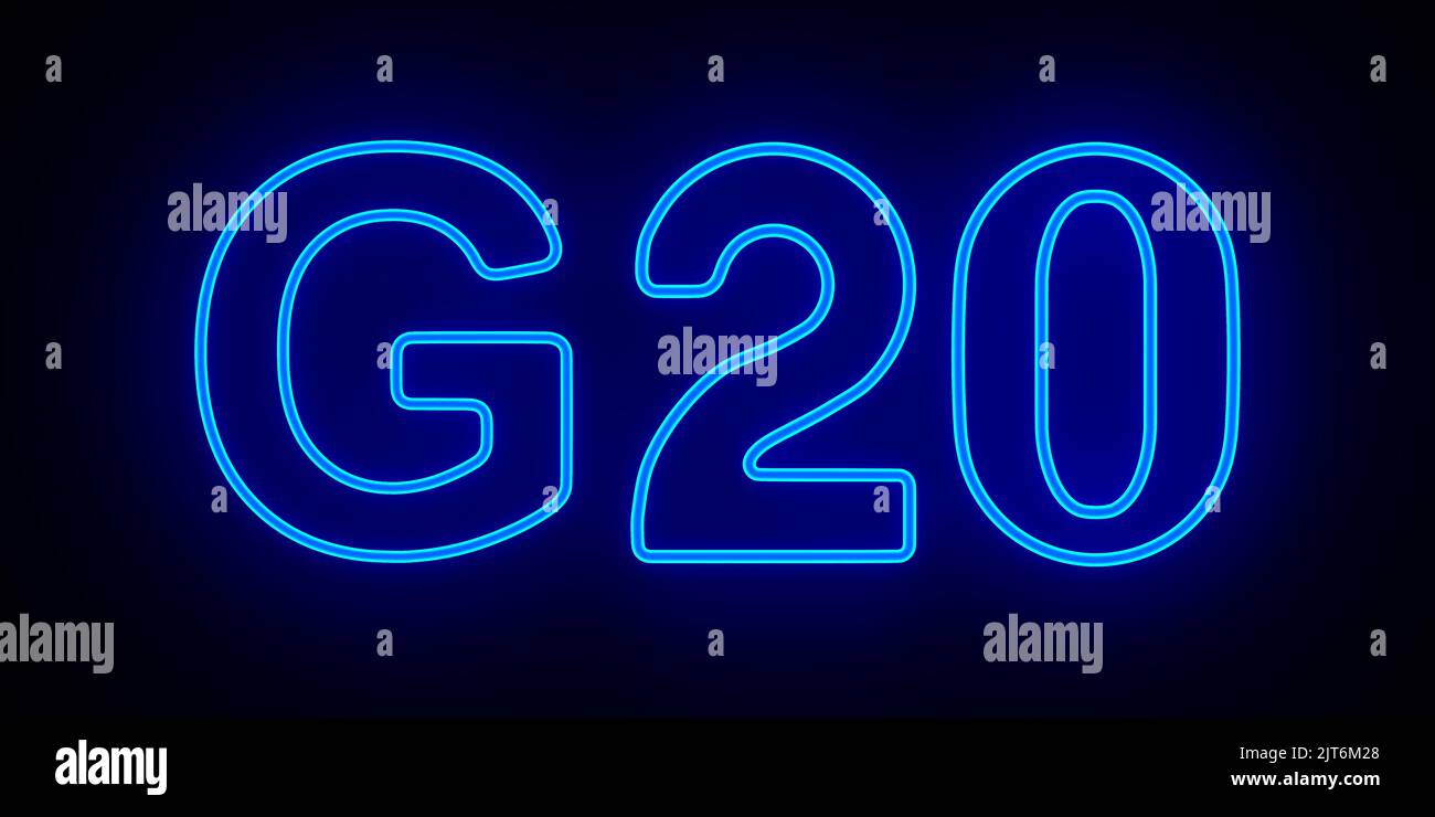 Neon G20 su sfondo scuro. Illustrazione 3D Foto Stock