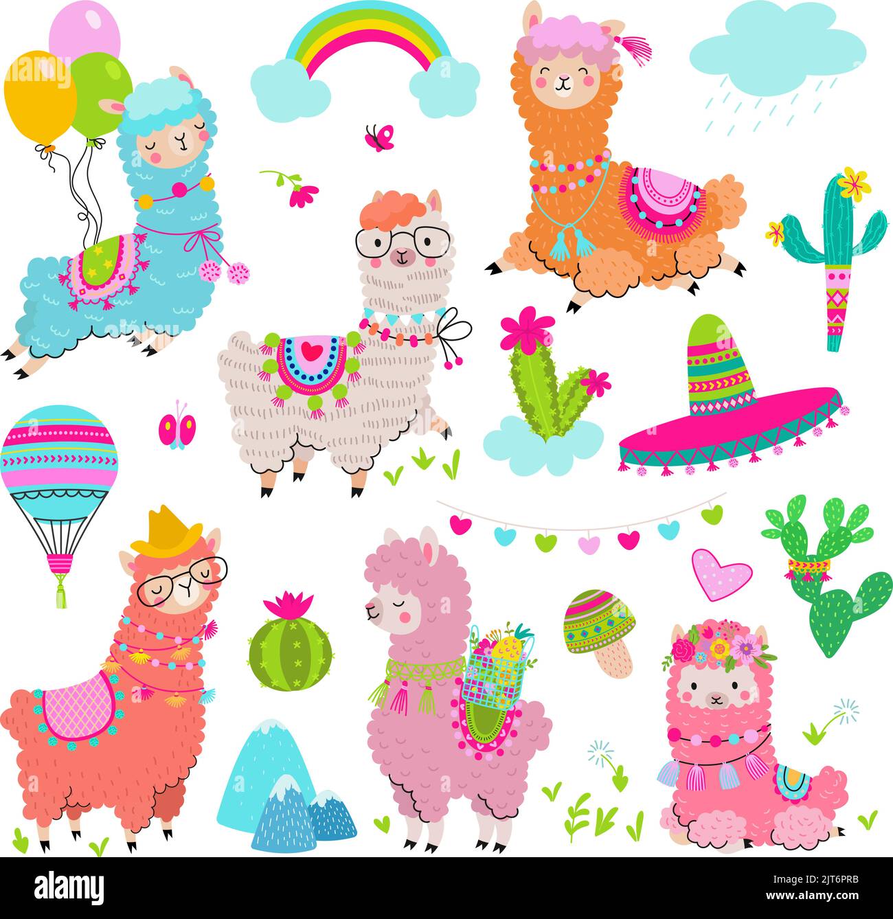 Simpatico alpaca cartoon con cactus. Stella di Llama, perù cile animali e montagna, arcobaleno, cactus. Messico isolato elementi divertenti, il bambino oggi vettore set Illustrazione Vettoriale