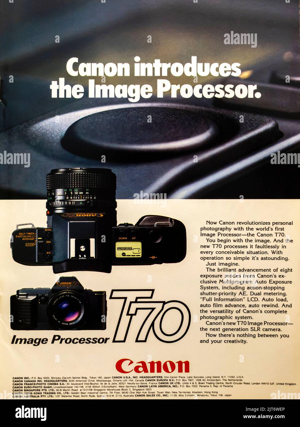 Canon T70 processore di immagini, pubblicità fotocamera inserita in una rivista NatGeo, agosto 1984 Foto Stock