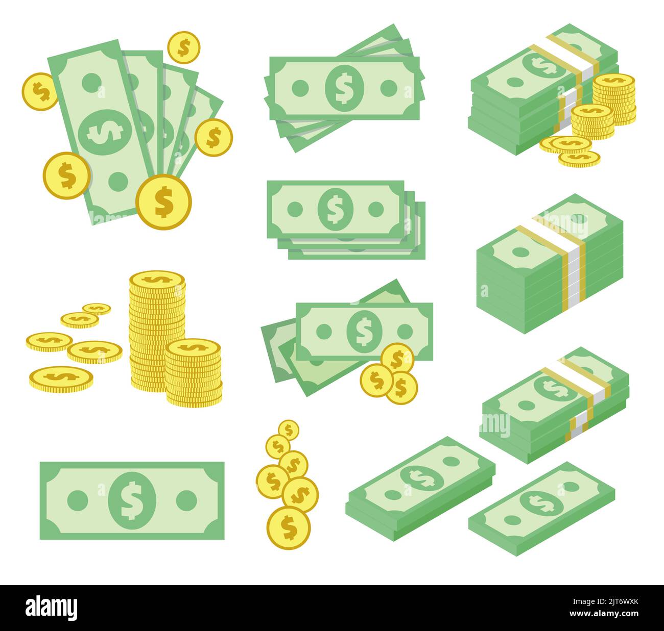 Set di icone di denaro in dollari. Pacchi di banconote, pile di monete d'oro. Mucchi di contanti. Oggetti di valuta USA stilizzati isolati su bianco. Vettore eps10 il Illustrazione Vettoriale