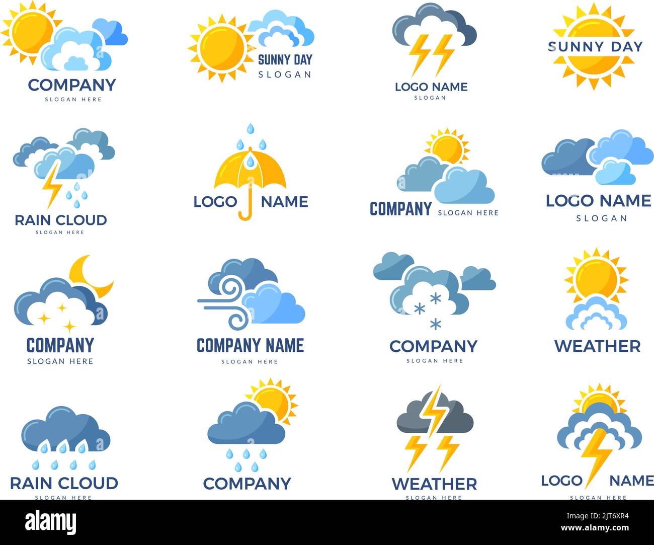 Simboli meteo. Business modello stilizzato logo con icone nuvole sole fulmini recenti immagini vettoriali con posto per il testo Illustrazione Vettoriale