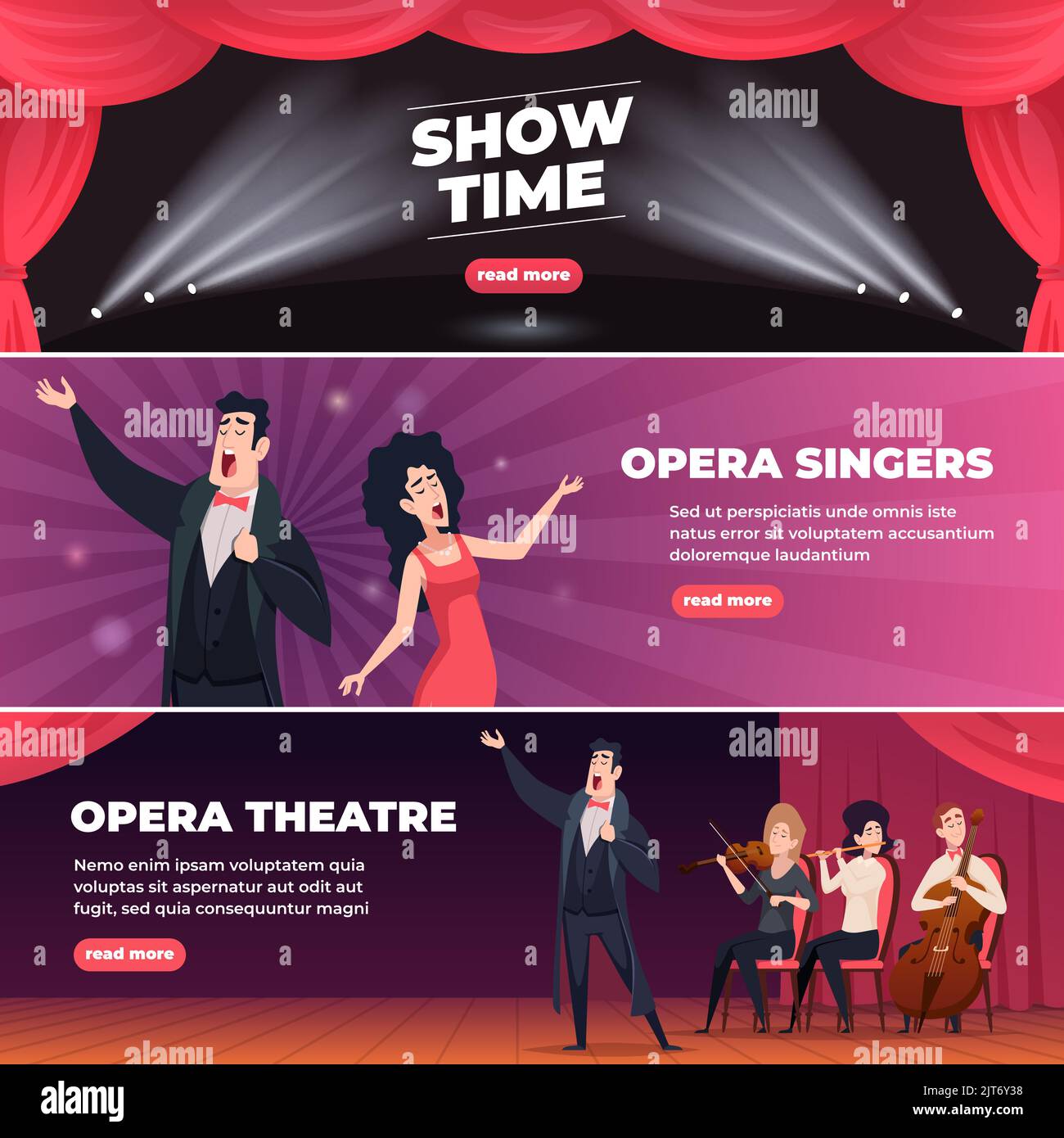 Striscioni teatrali. All'aperto cantanti opera artisti di lusso musica persone classiche esatto vettore banner con posto per il testo Illustrazione Vettoriale