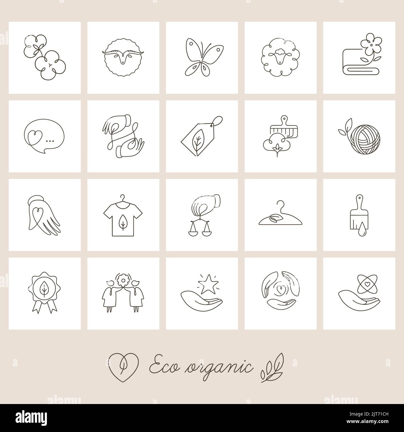 Set vettoriale di icone lineari relative alla moda lenta e tessuti made sostenibili. Illustrazione Vettoriale